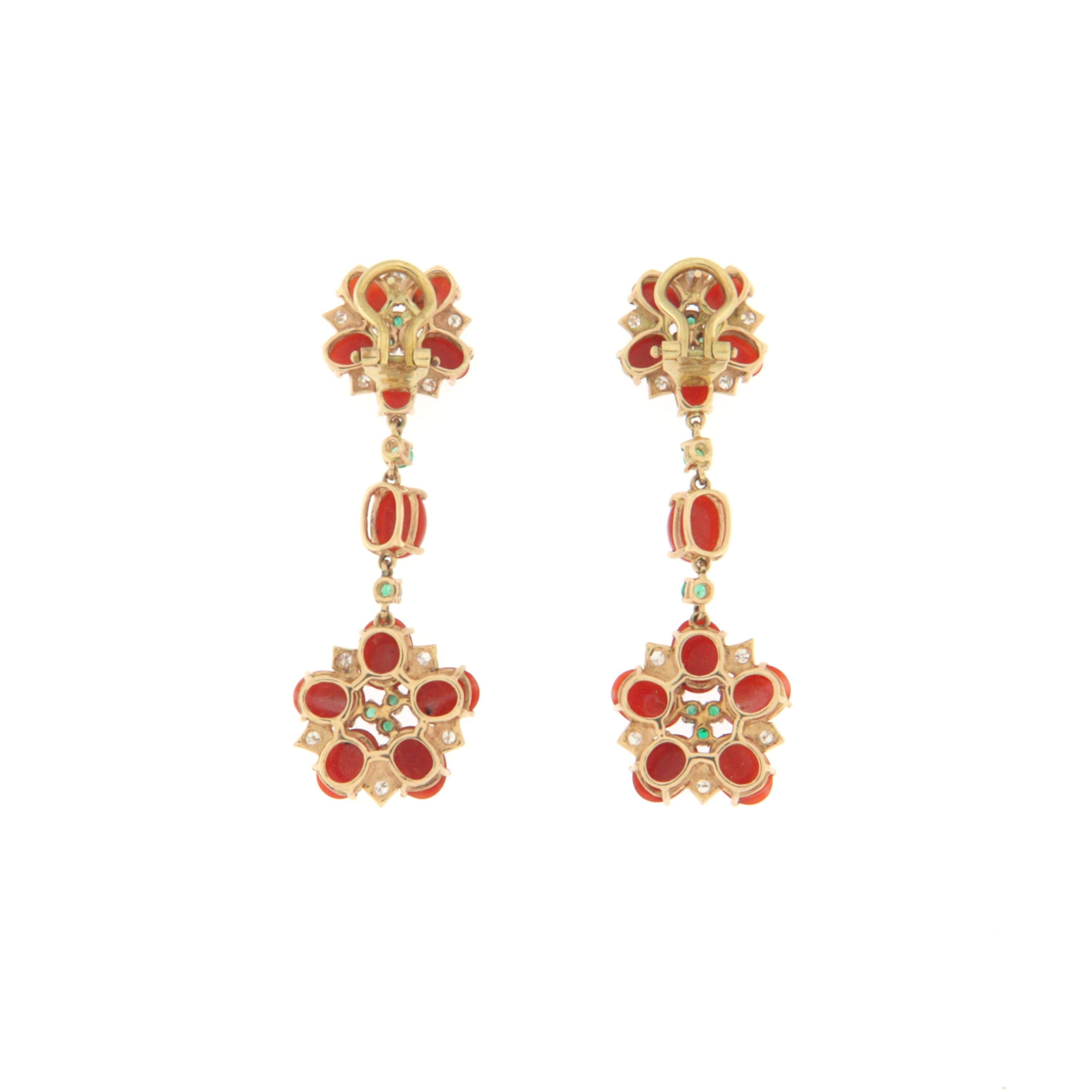 Brilliant Cut Coral Diamonds Emeralds 14 Karat Yellow Gold Drop Earrings For Sale