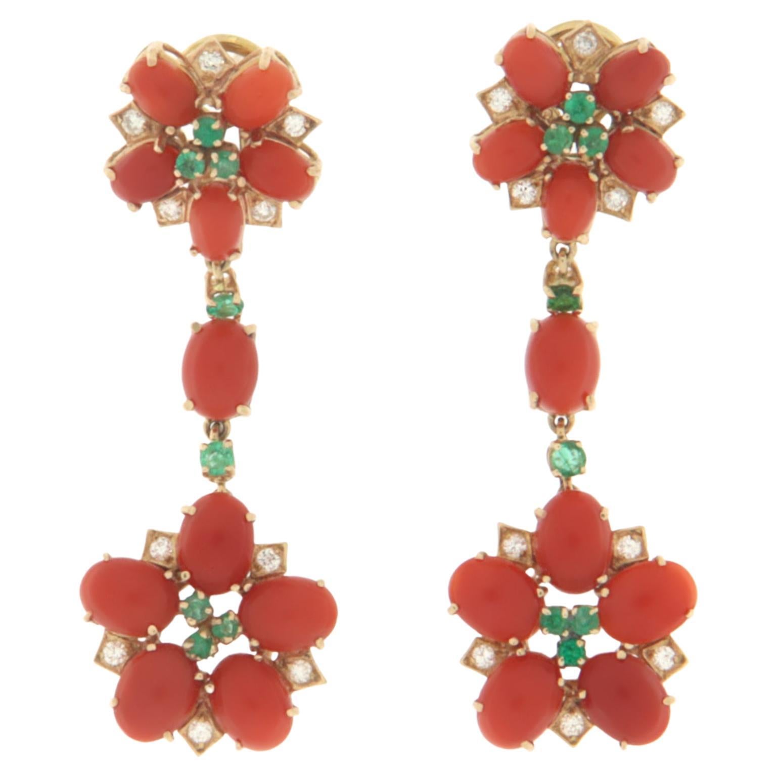 Coral Diamonds Emeralds 14 Karat Yellow Gold Drop Earrings For Sale