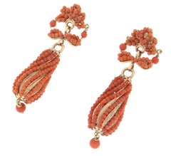 Vintage Victorian Style Mediterranean Coral Micro-Bead Drop Earrings in 14K Gold
