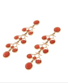 Contemporary 14K Yellow Gold Drop Earrings with Sardinian Coral, Italy