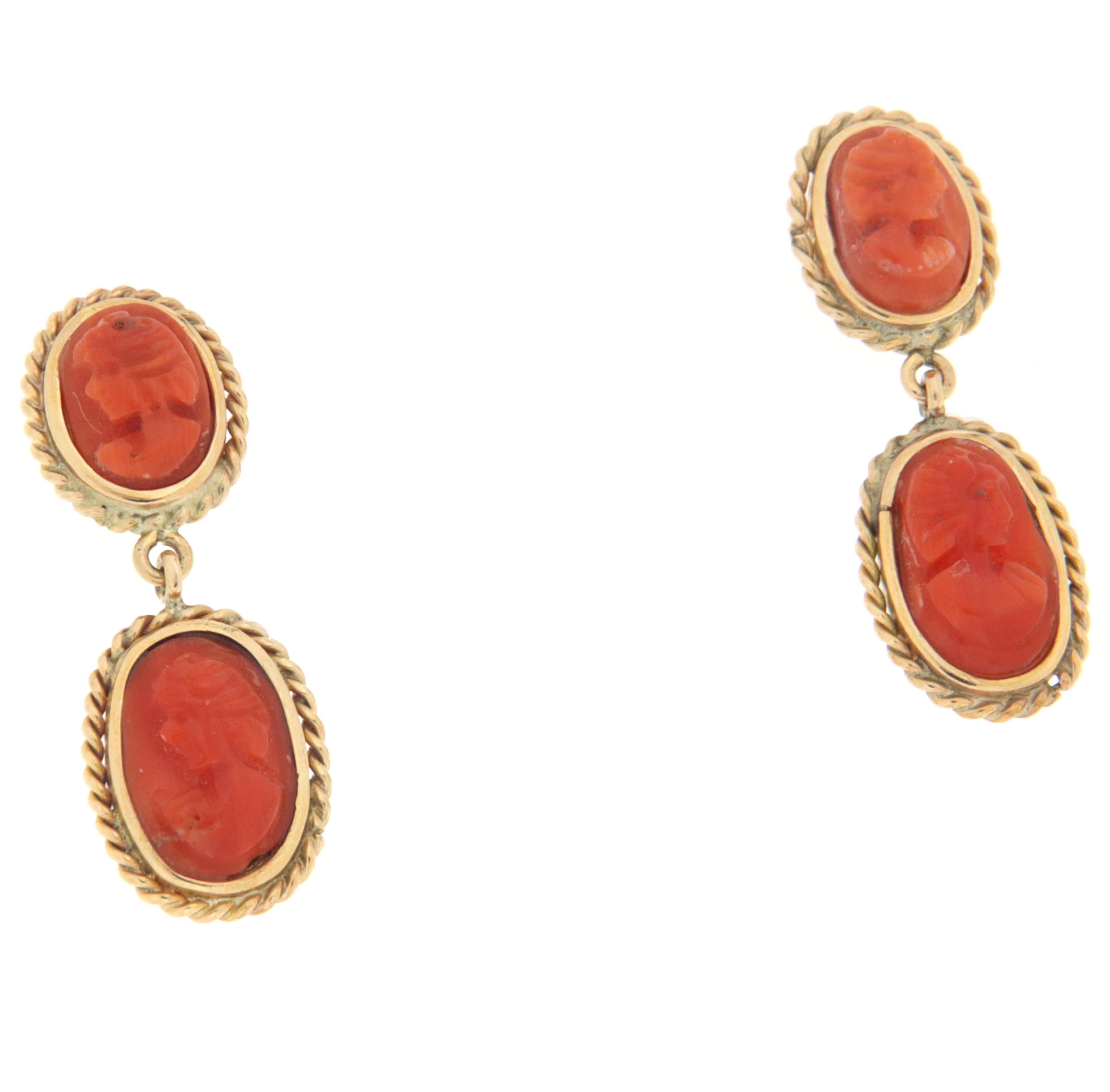 Artisan Coral 14 Karat Yellow Gold Drop Earrings For Sale