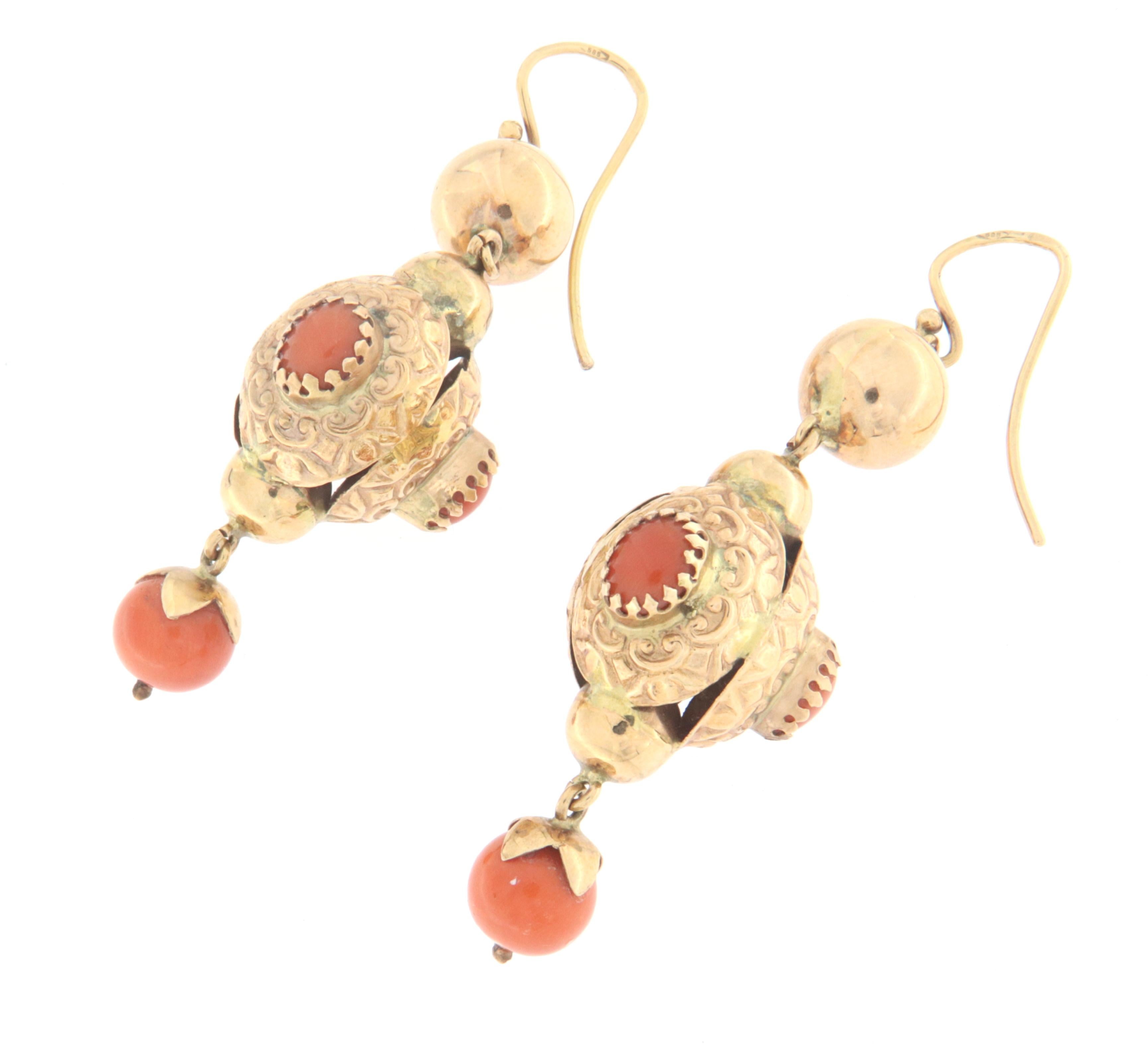 Artisan Coral 14 Karat Yellow Gold Drop Earrings For Sale