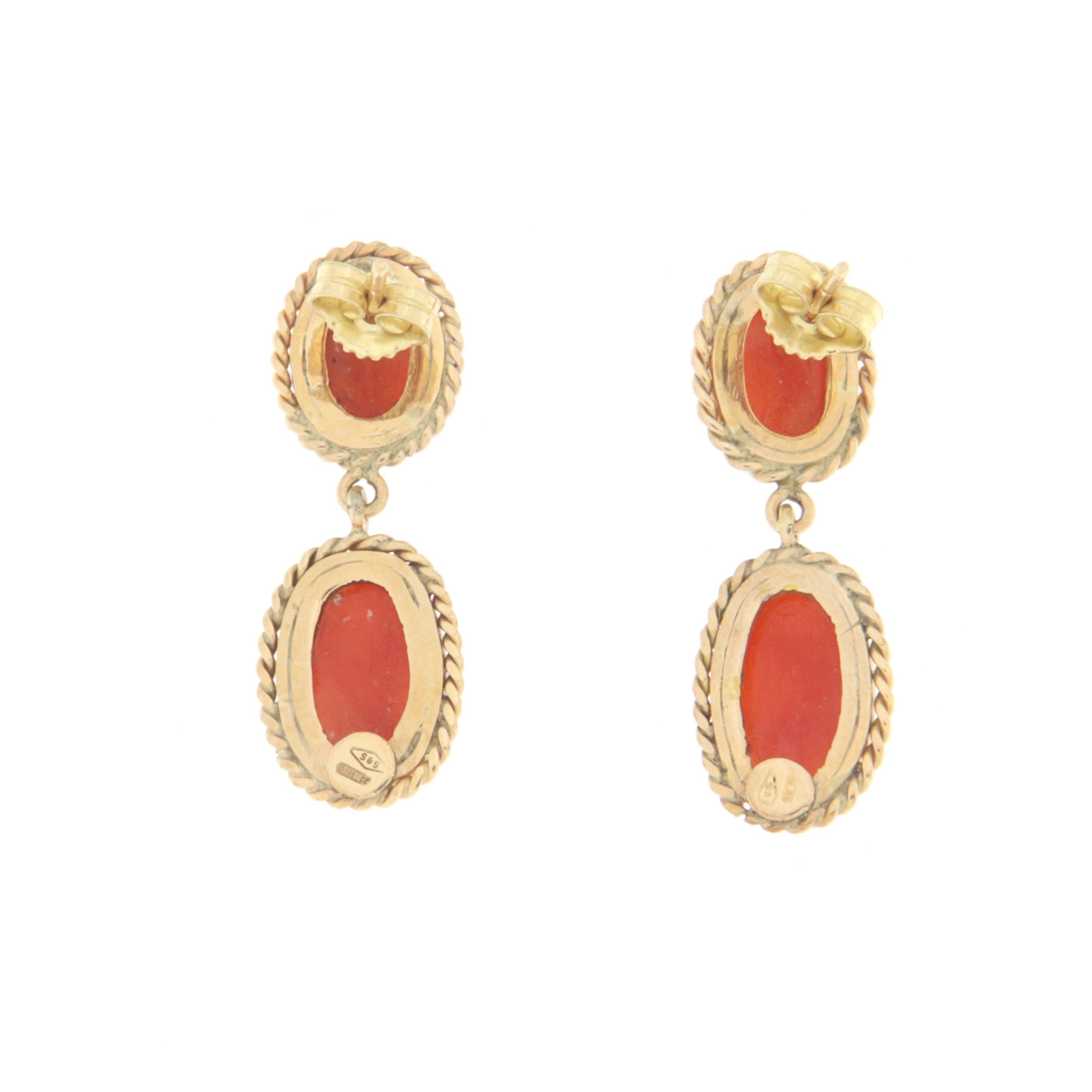 Mixed Cut Coral 14 Karat Yellow Gold Drop Earrings For Sale