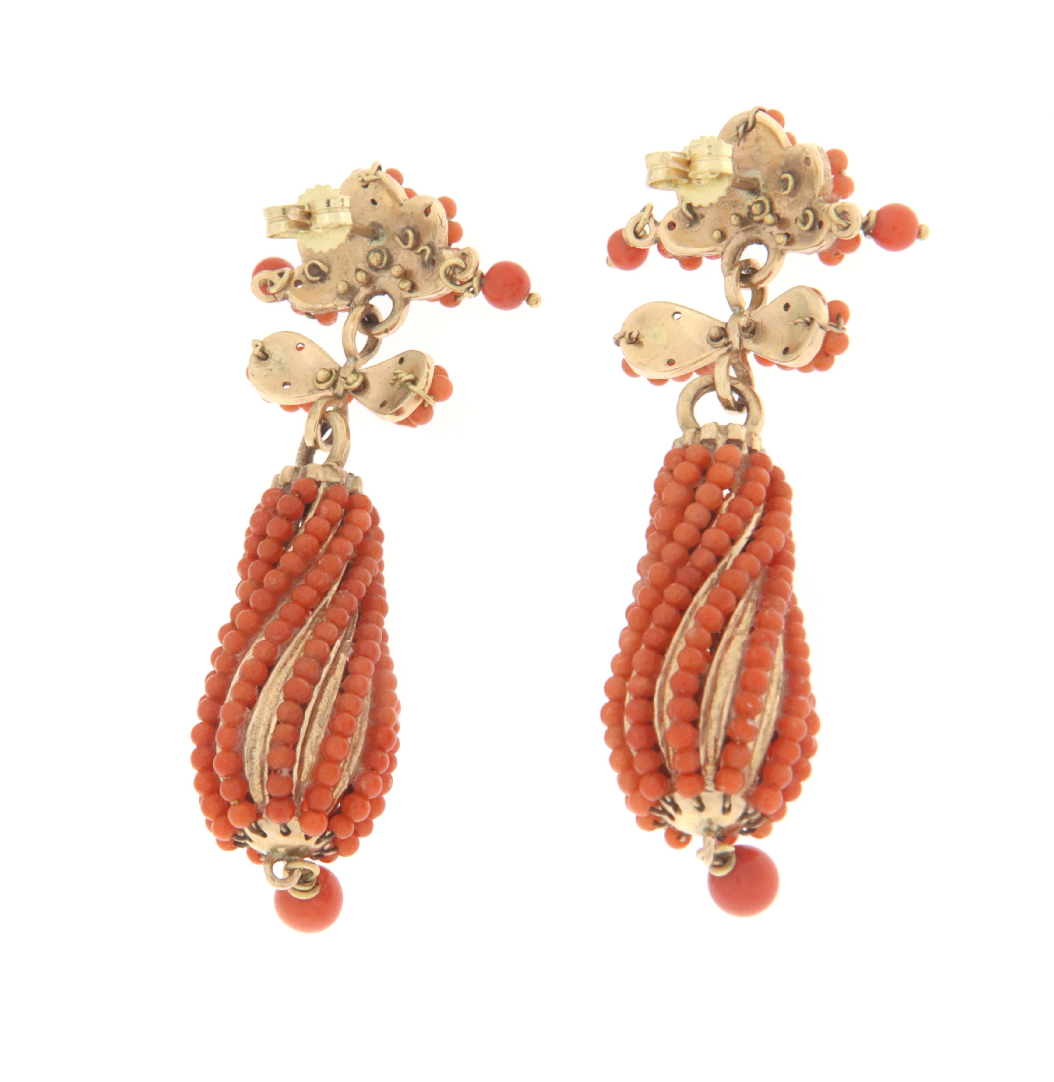 Uncut Coral 14 Karat Yellow Gold Drop Earrings For Sale