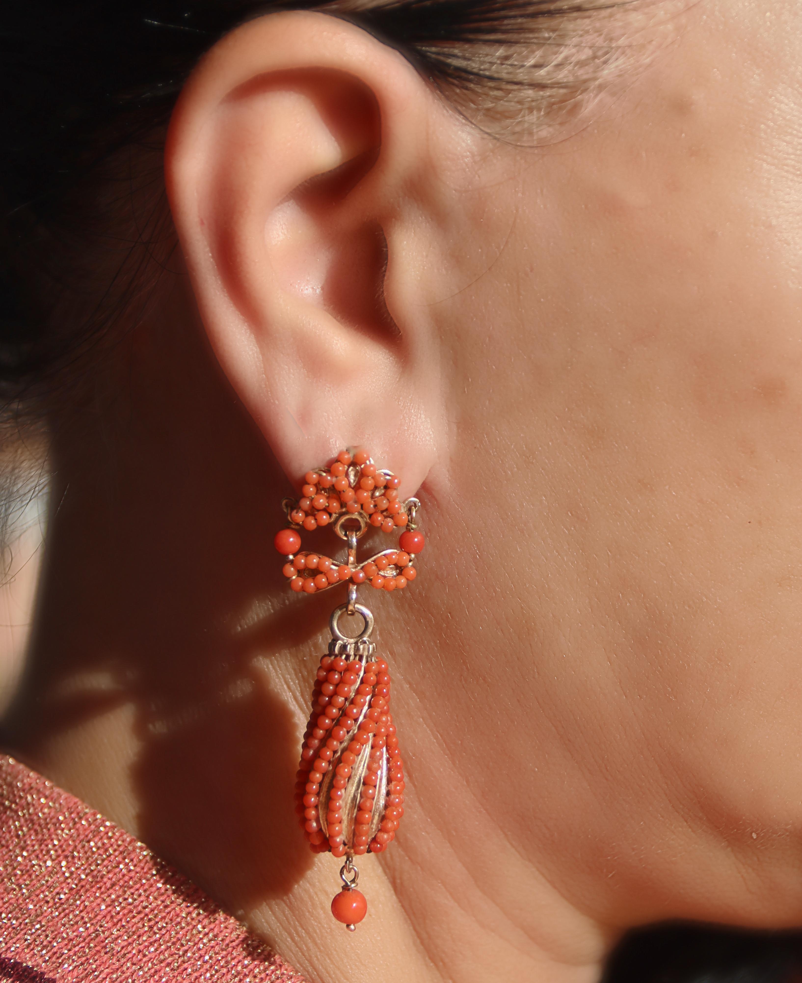 Coral 14 Karat Yellow Gold Drop Earrings For Sale 1