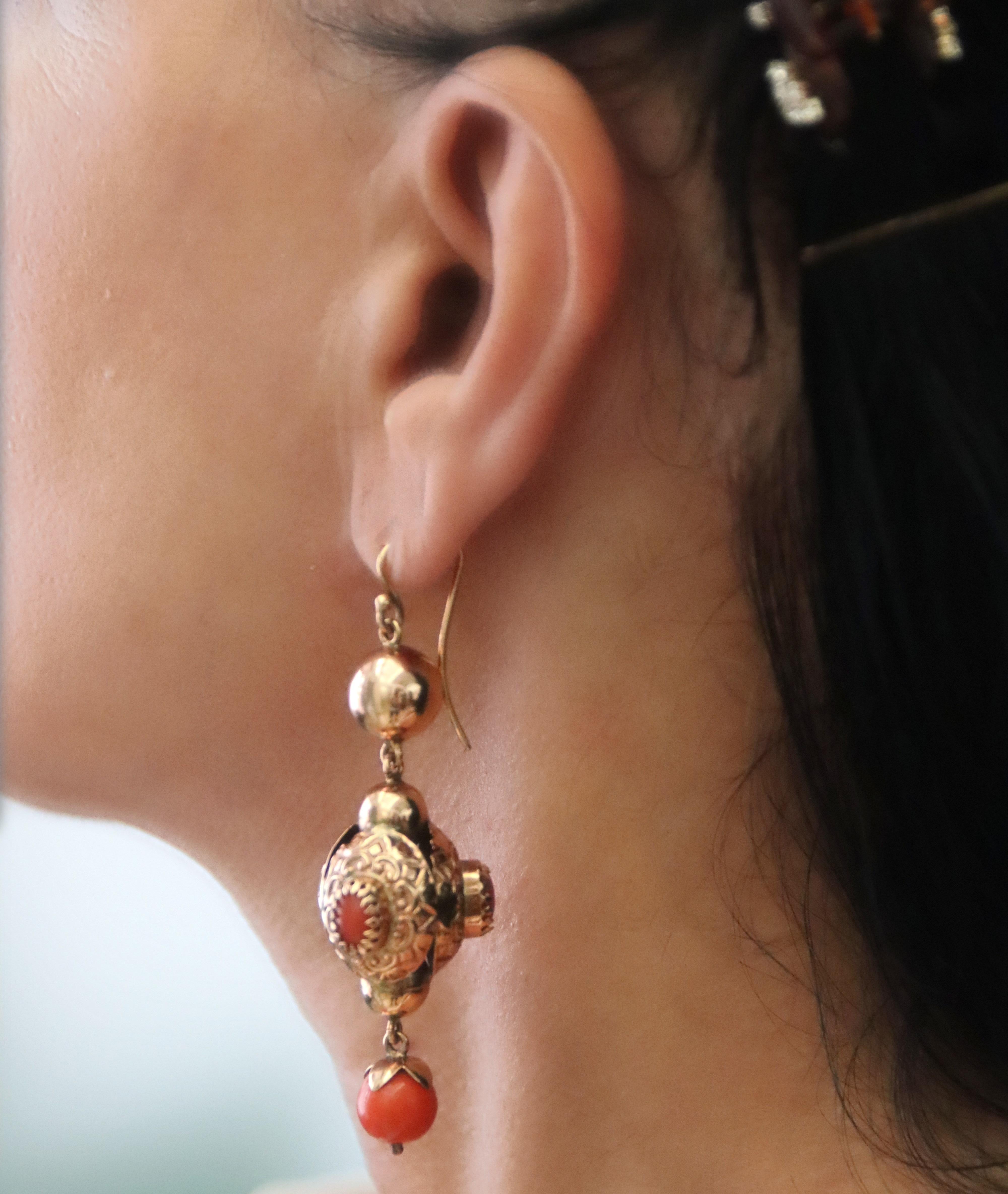 Coral 14 Karat Yellow Gold Drop Earrings For Sale 2