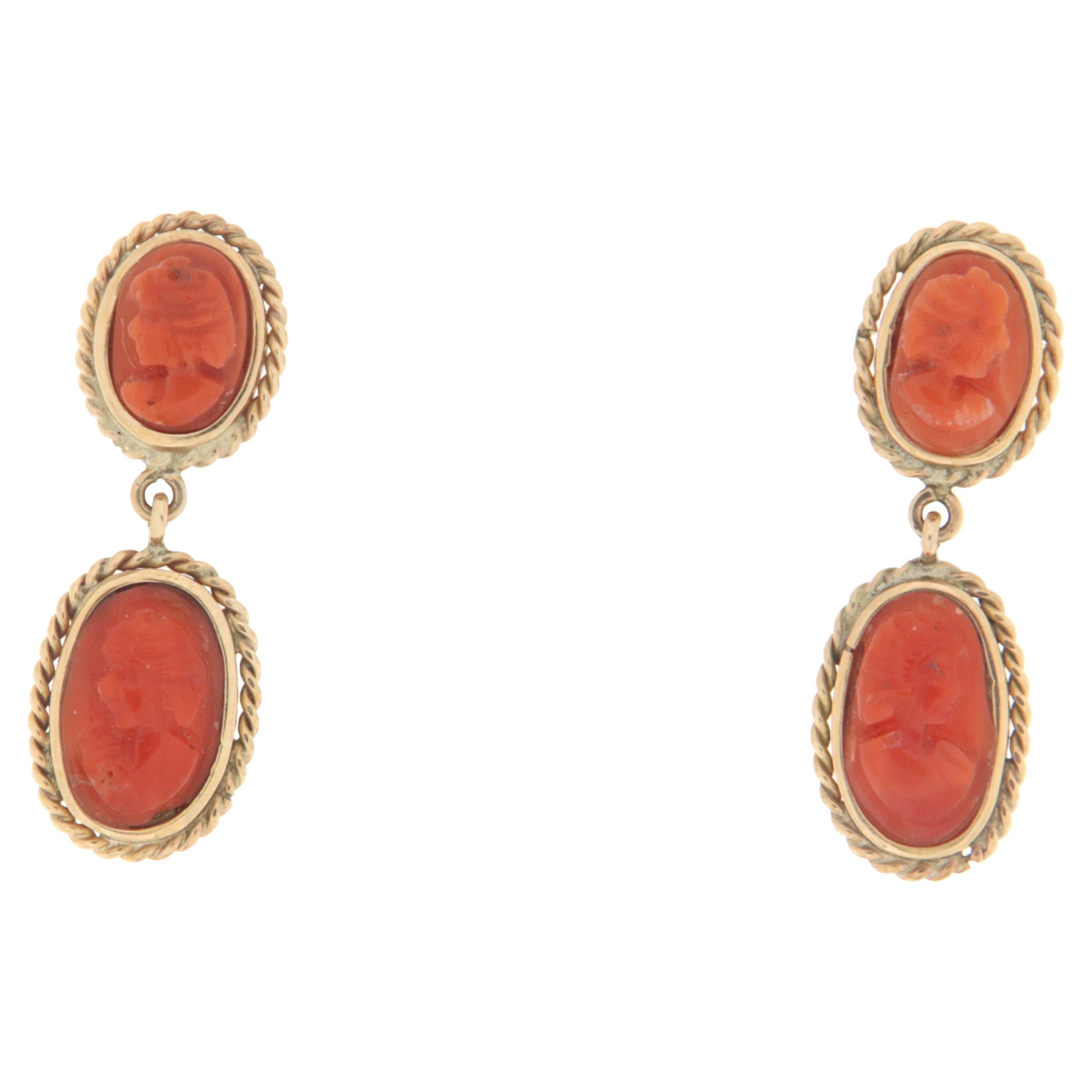 Coral 14 Karat Yellow Gold Drop Earrings For Sale