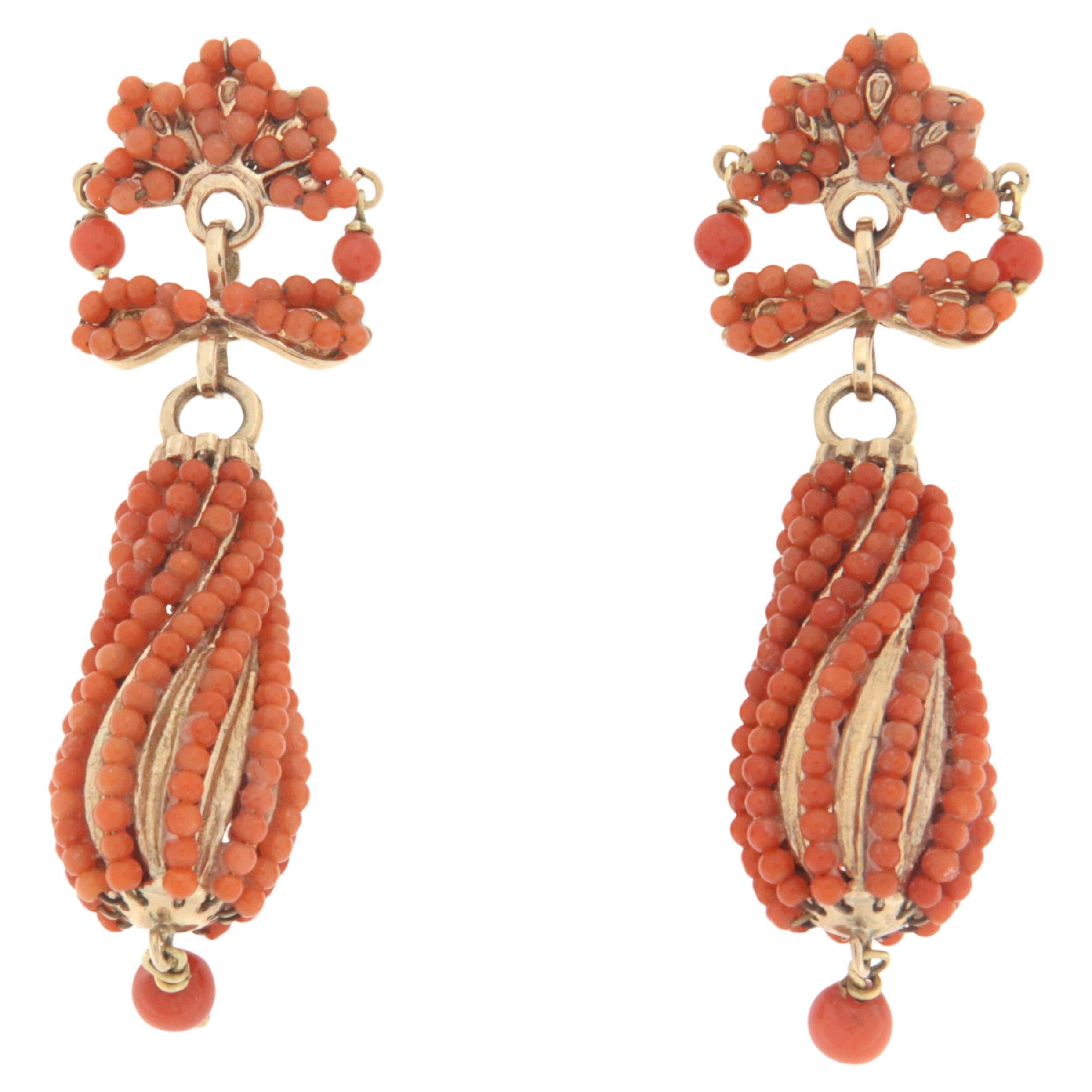 Coral 14 Karat Yellow Gold Drop Earrings For Sale