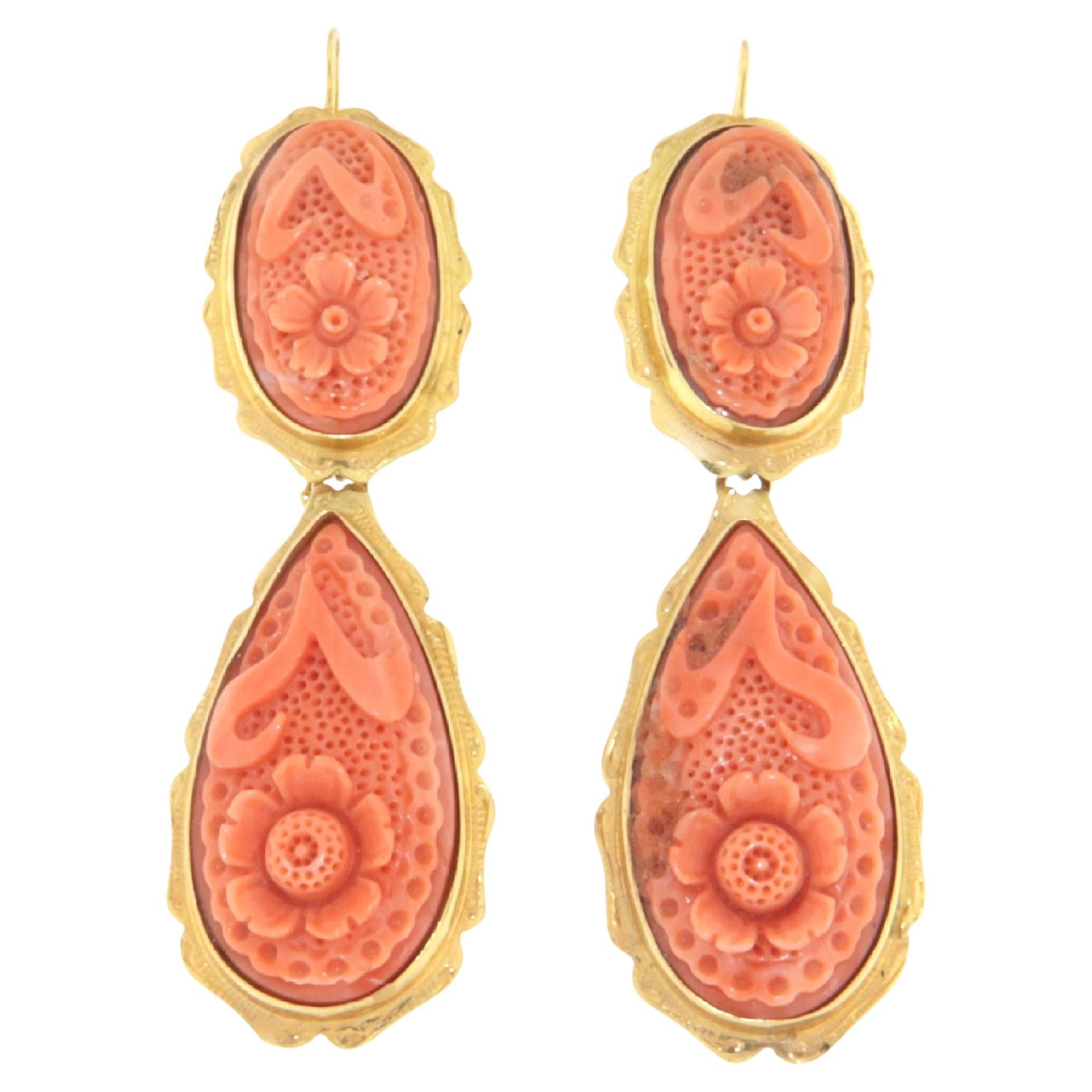 Coral 14 Karat Yellow Gold Drop Earrings
