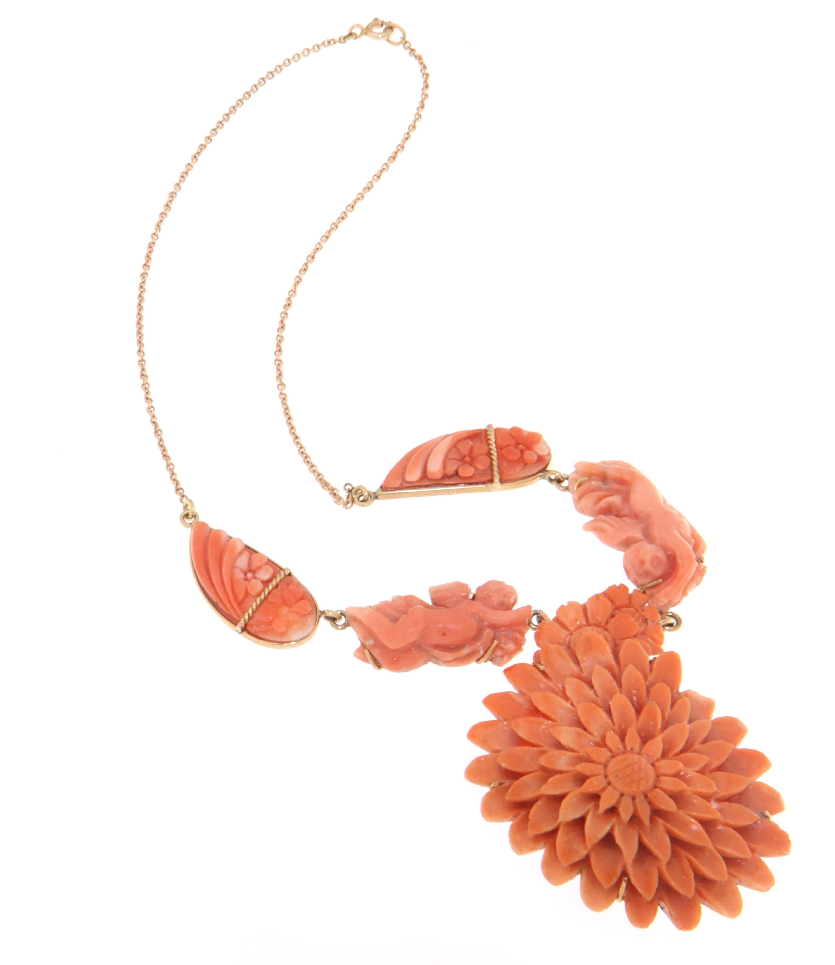 Artisan Coral 14 Karat Yellow Gold Pendant Necklace  For Sale