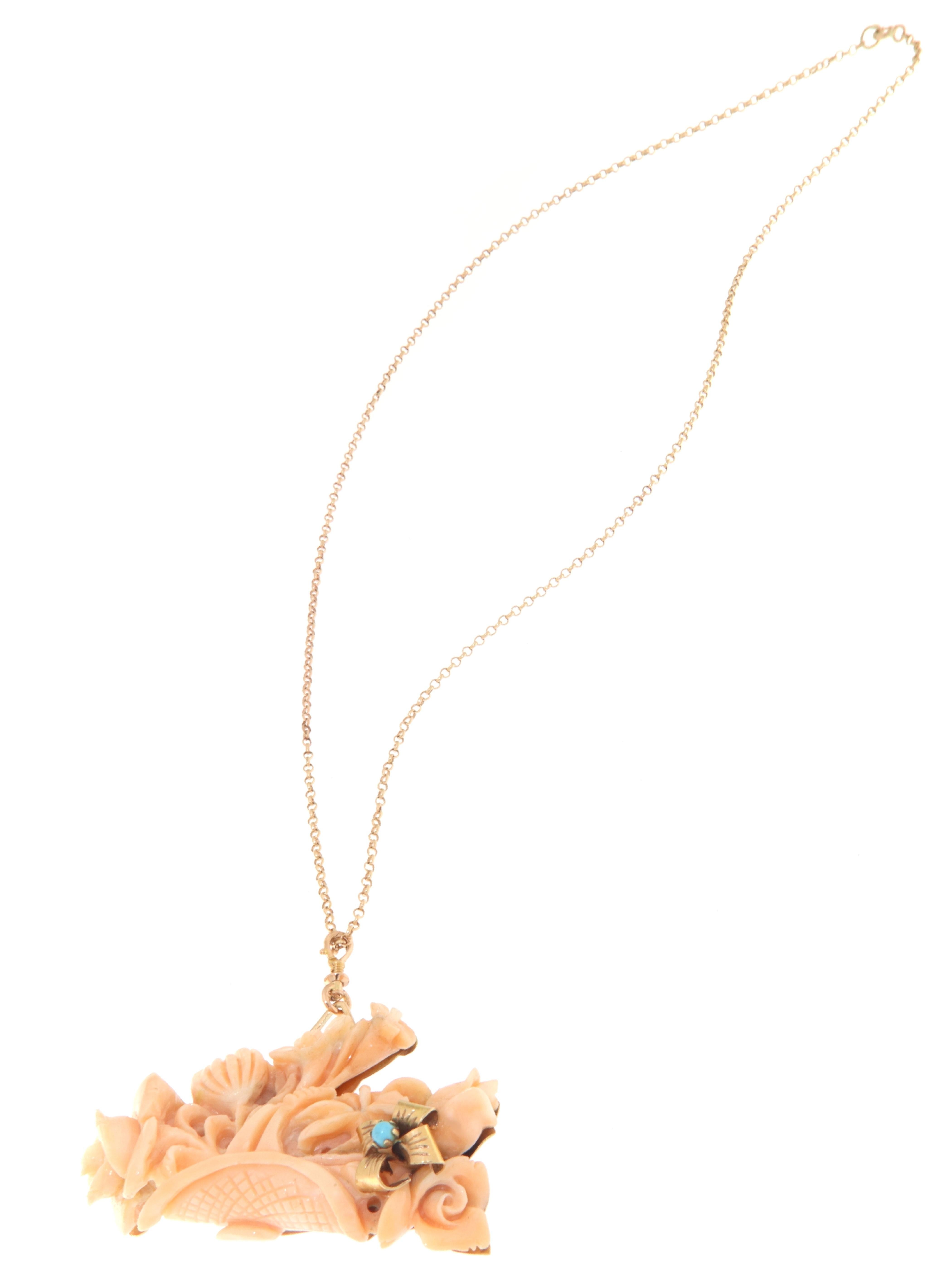 Koralle 14 Karat Gelbgold Halskette mit Anhänger Damen im Angebot
