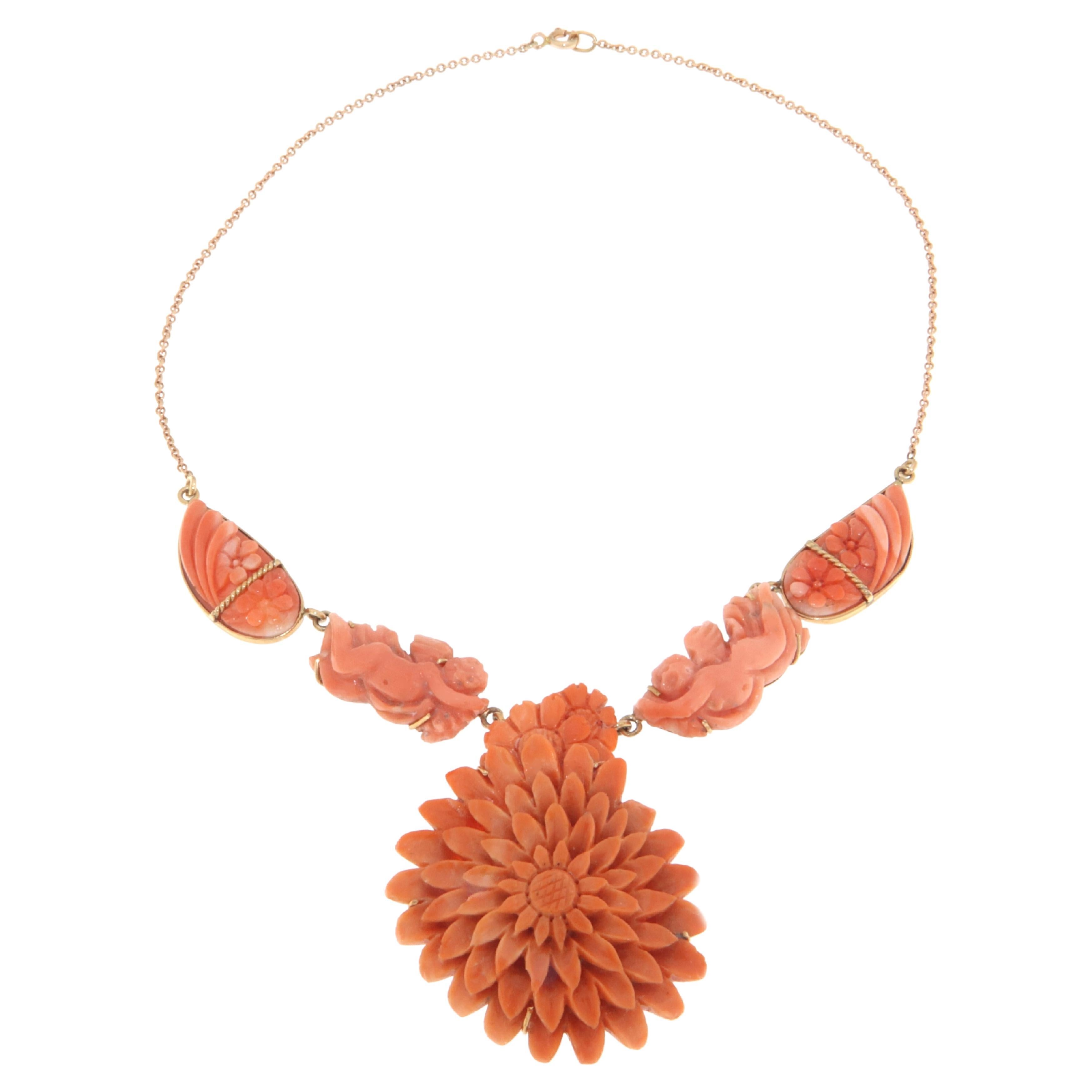 Coral 14 Karat Yellow Gold Pendant Necklace  For Sale