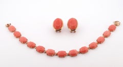 Coral, 14K Yellow Gold Bracelet and Earrings Suite