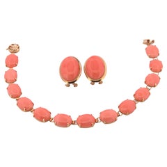 Vintage Coral, 14K Yellow Gold Bracelet and Earrings Suite