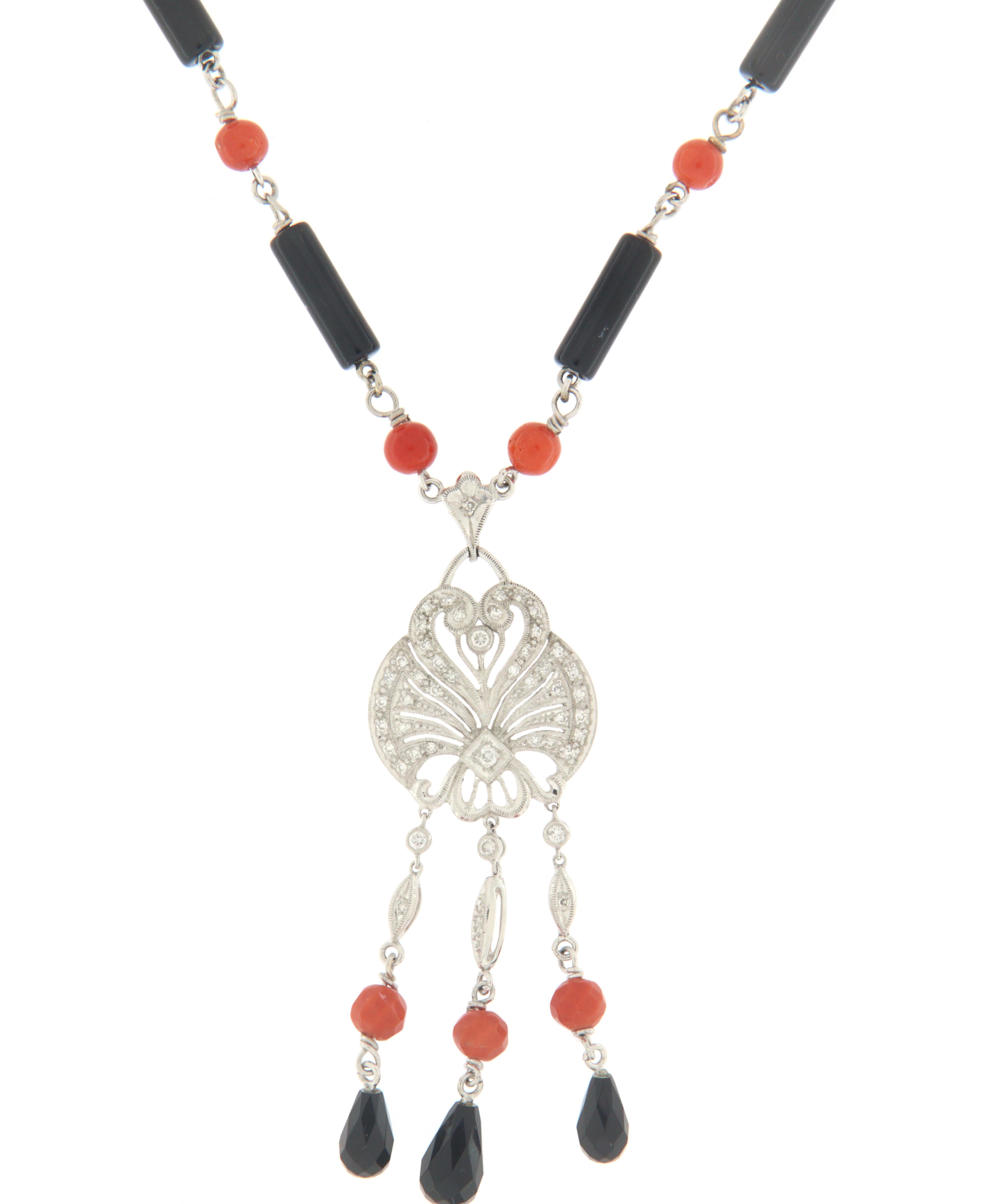 Coral 18 Carat white Gold Onyx Diamonds Pendant Necklace For Sale 1