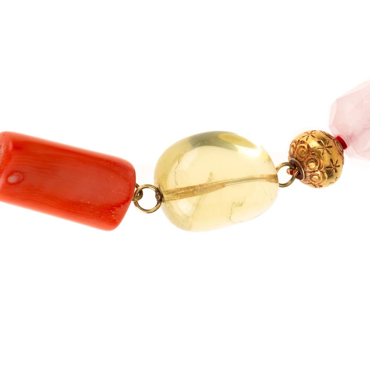 Artist Coral 18 Karat Gold Citrine Rose Quartz Necklace For Sale