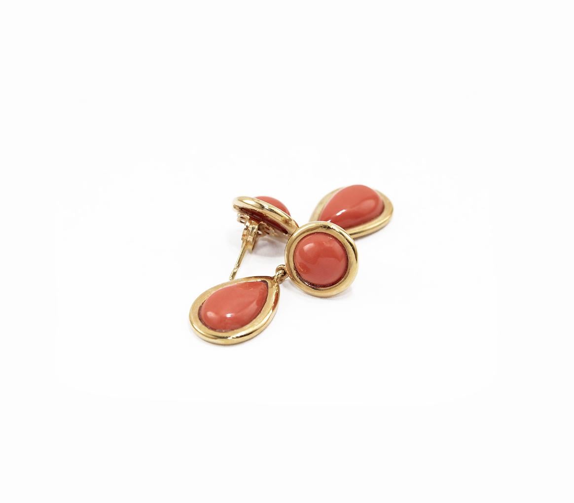 Artisan Coral 18 Karat Gold Drop Earring For Sale