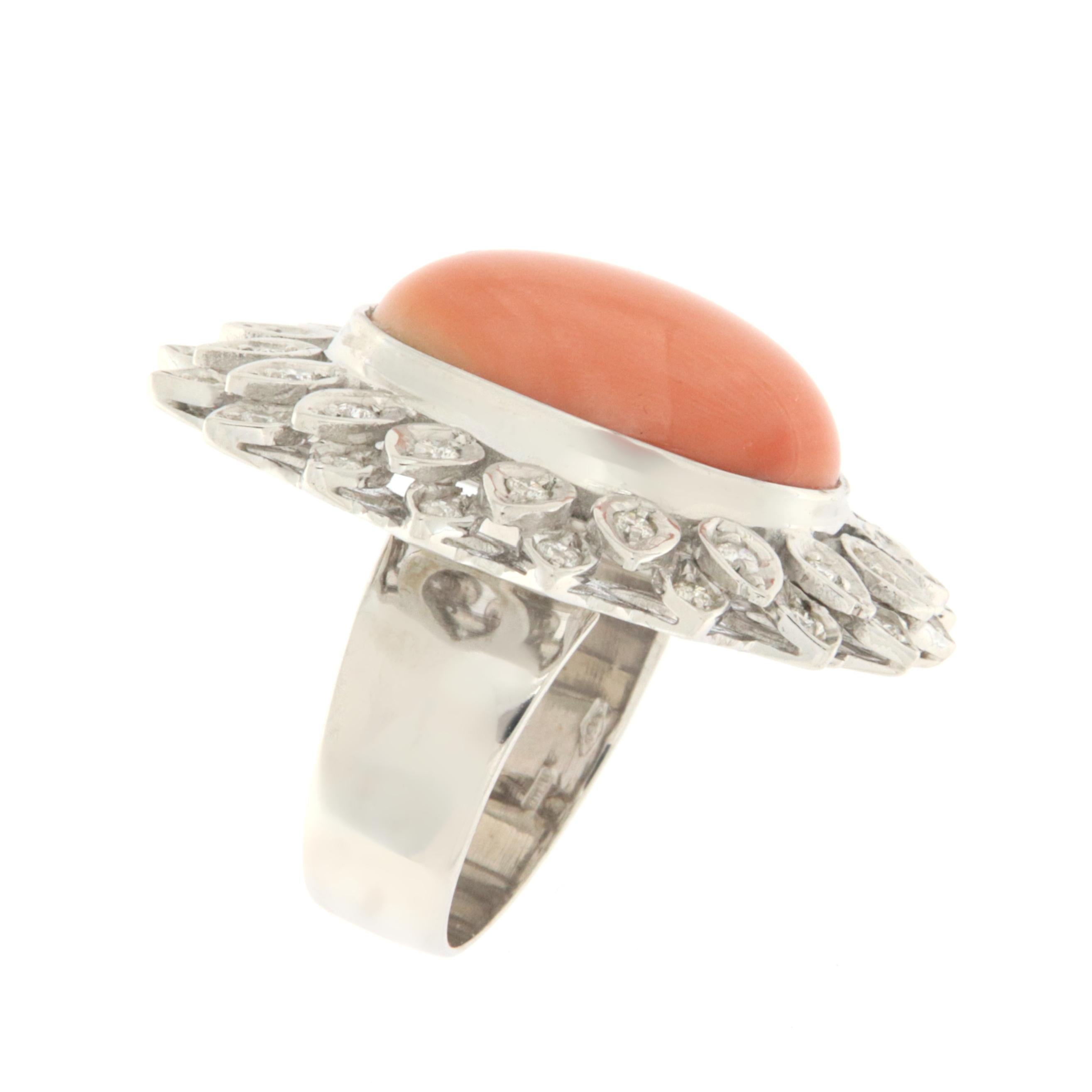 Women's Coral 18 Karat White Gold Diamonds Cocktail Ring For Sale