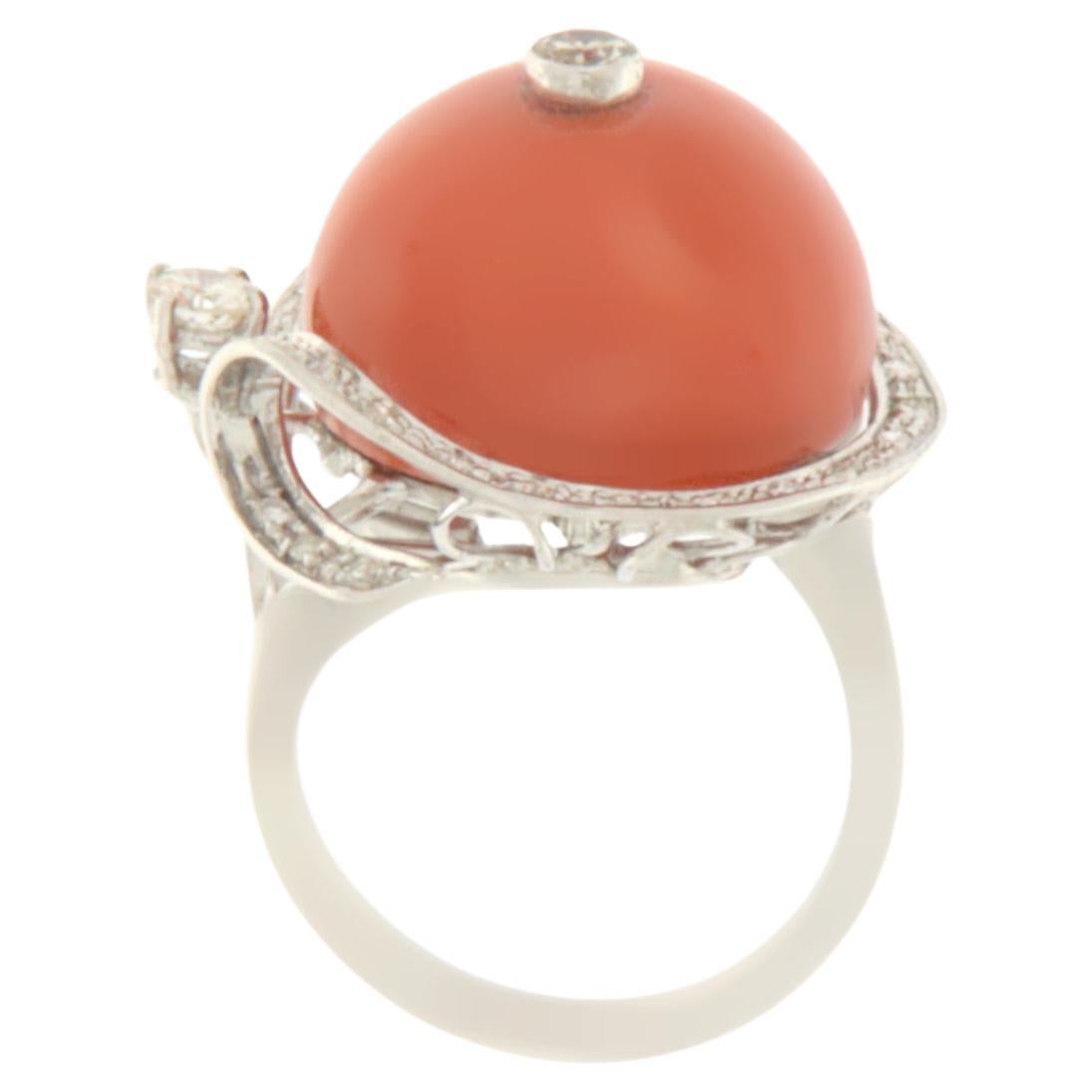 Red Coral Cabochon And White Diamond Cocktail Ring In 18 Karat White red-coral-cabochon-and-white-diamond-cocktail-ring-in-18-karat-white