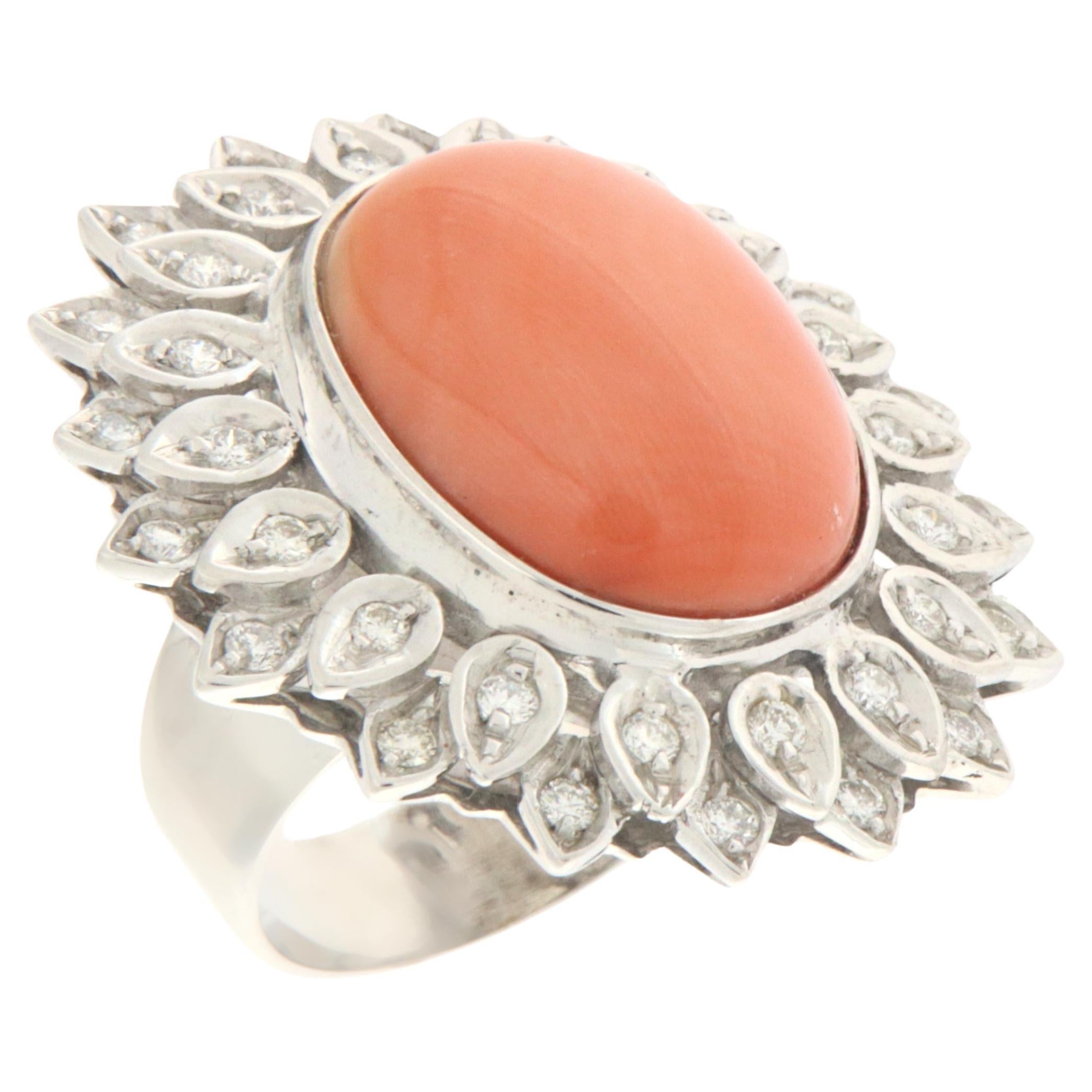 Coral 18 Karat White Gold Diamonds Cocktail Ring For Sale