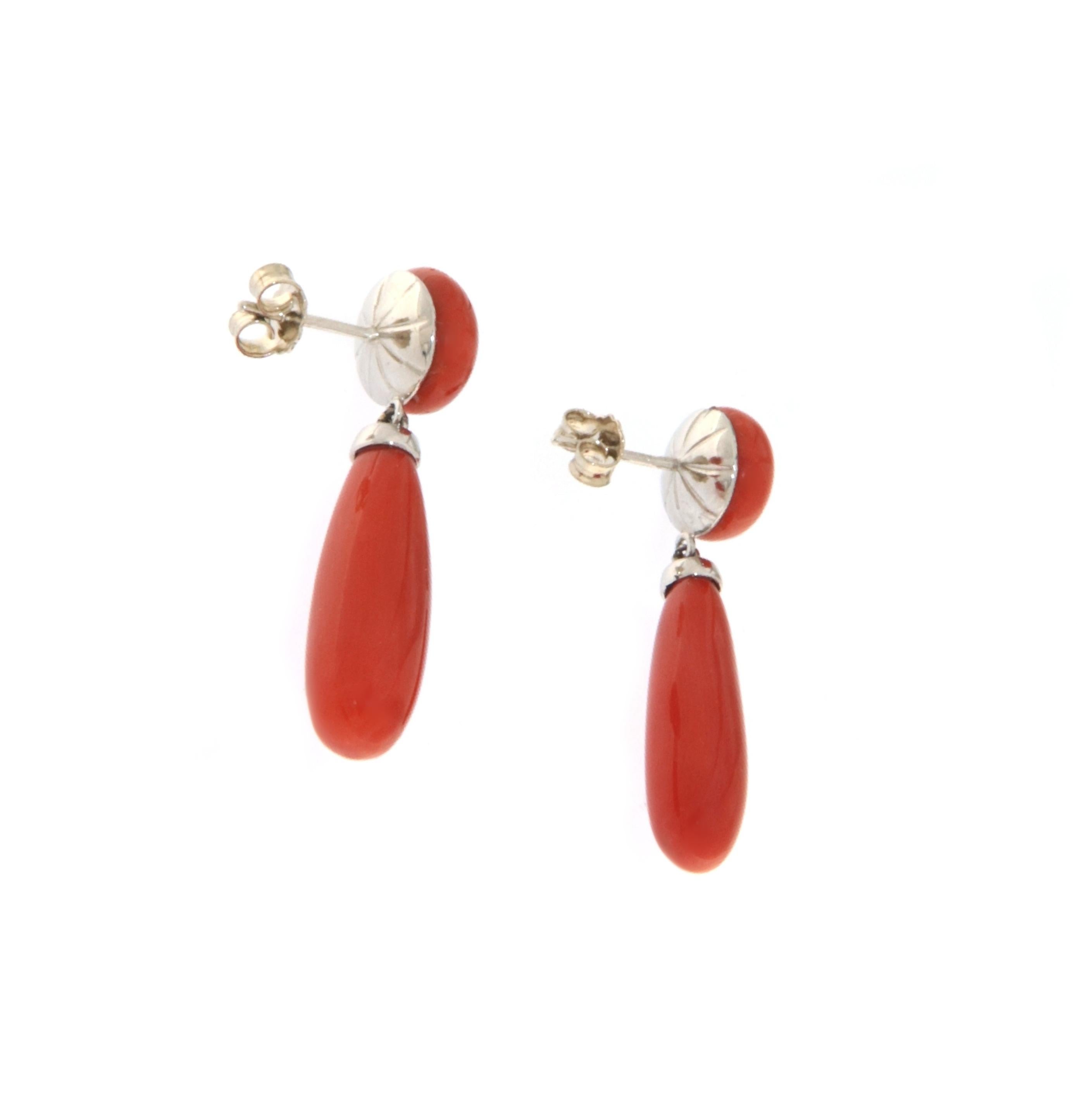 Artisan Coral 18 Karat White Gold Drop Earrings For Sale