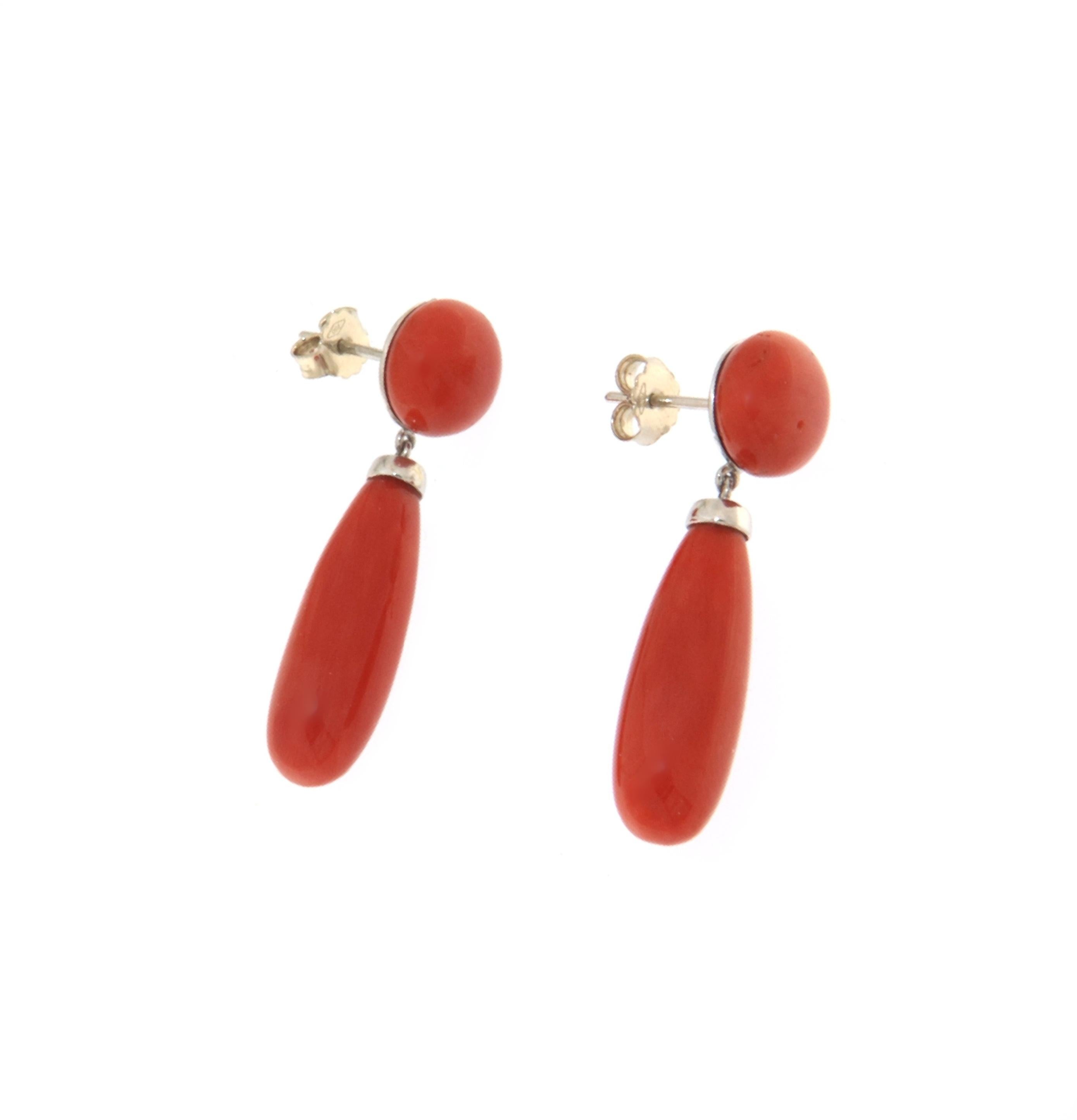 Women's Coral 18 Karat White Gold Drop Earrings For Sale
