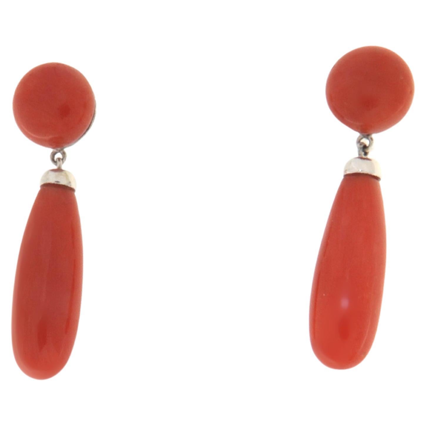 Coral 18 Karat White Gold Drop Earrings For Sale