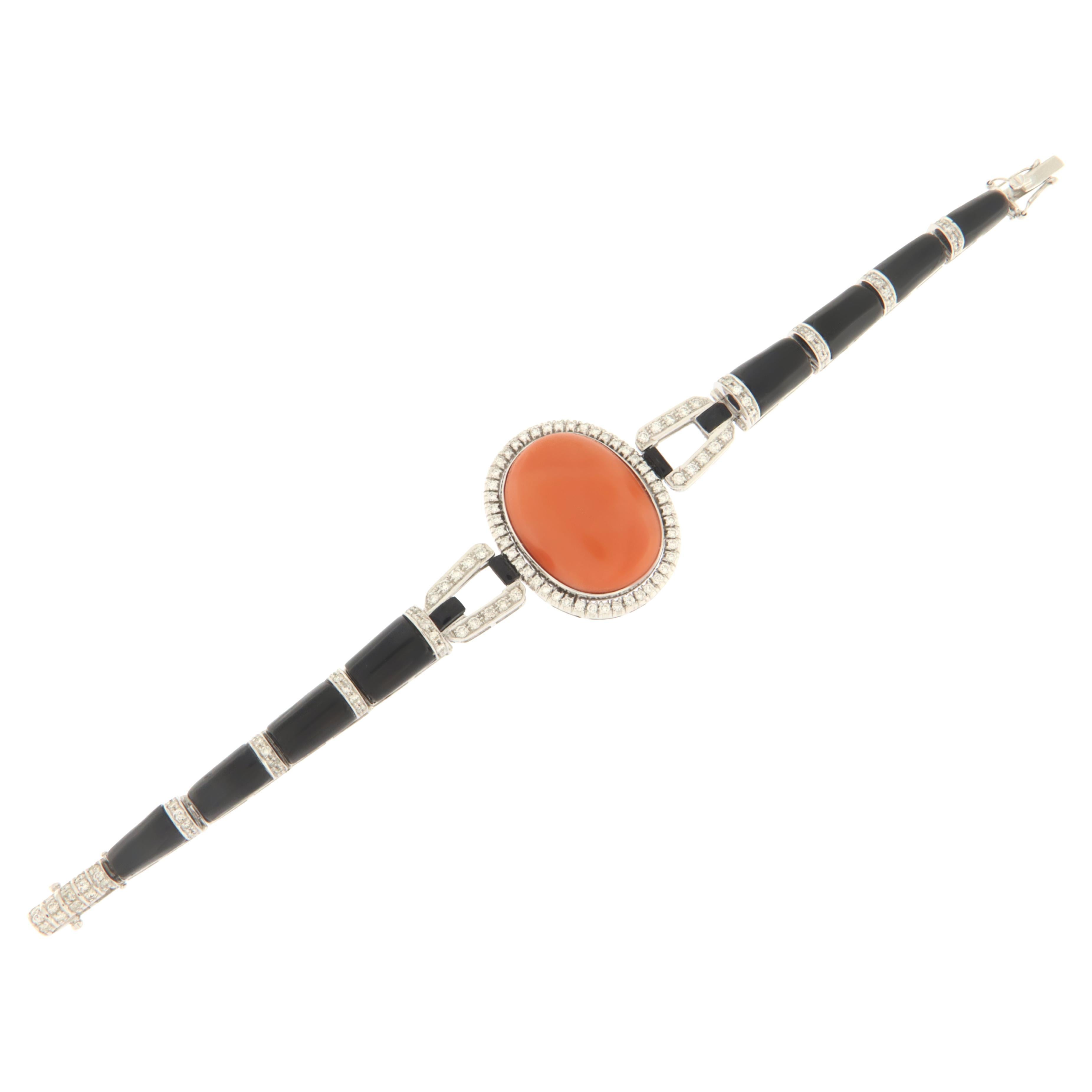 Coral 18 Karat White Gold Onyx Diamonds Cuff Bracelet For Sale