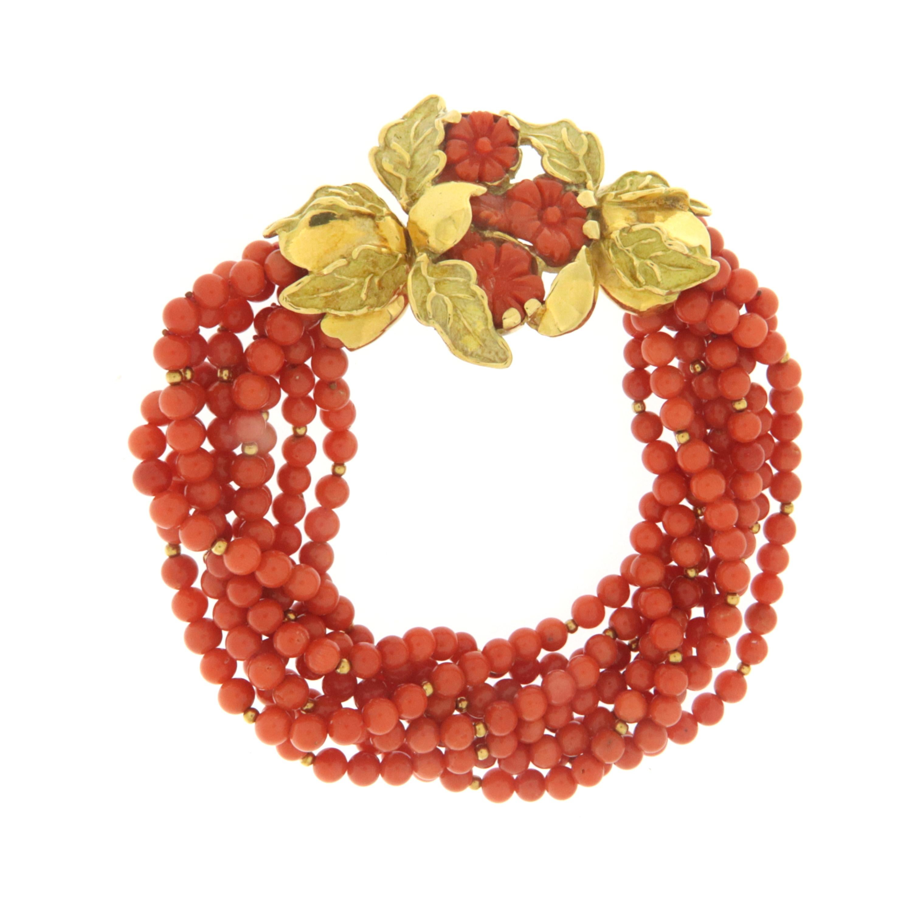 Artisan Coral 18 Karat Yellow Gold Cuff Bracelet For Sale