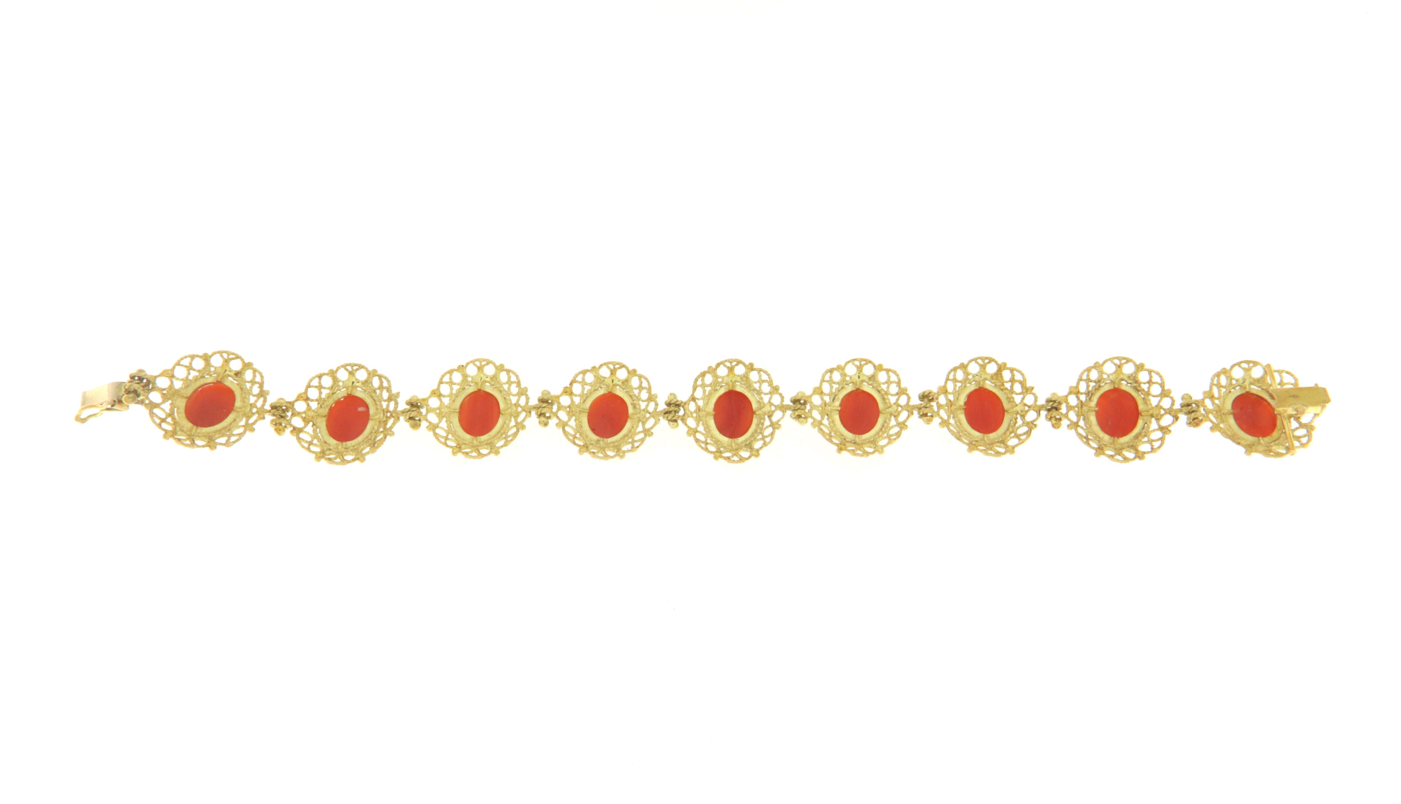 Artisan Coral 18 Karat Yellow Gold Cuff Bracelet For Sale