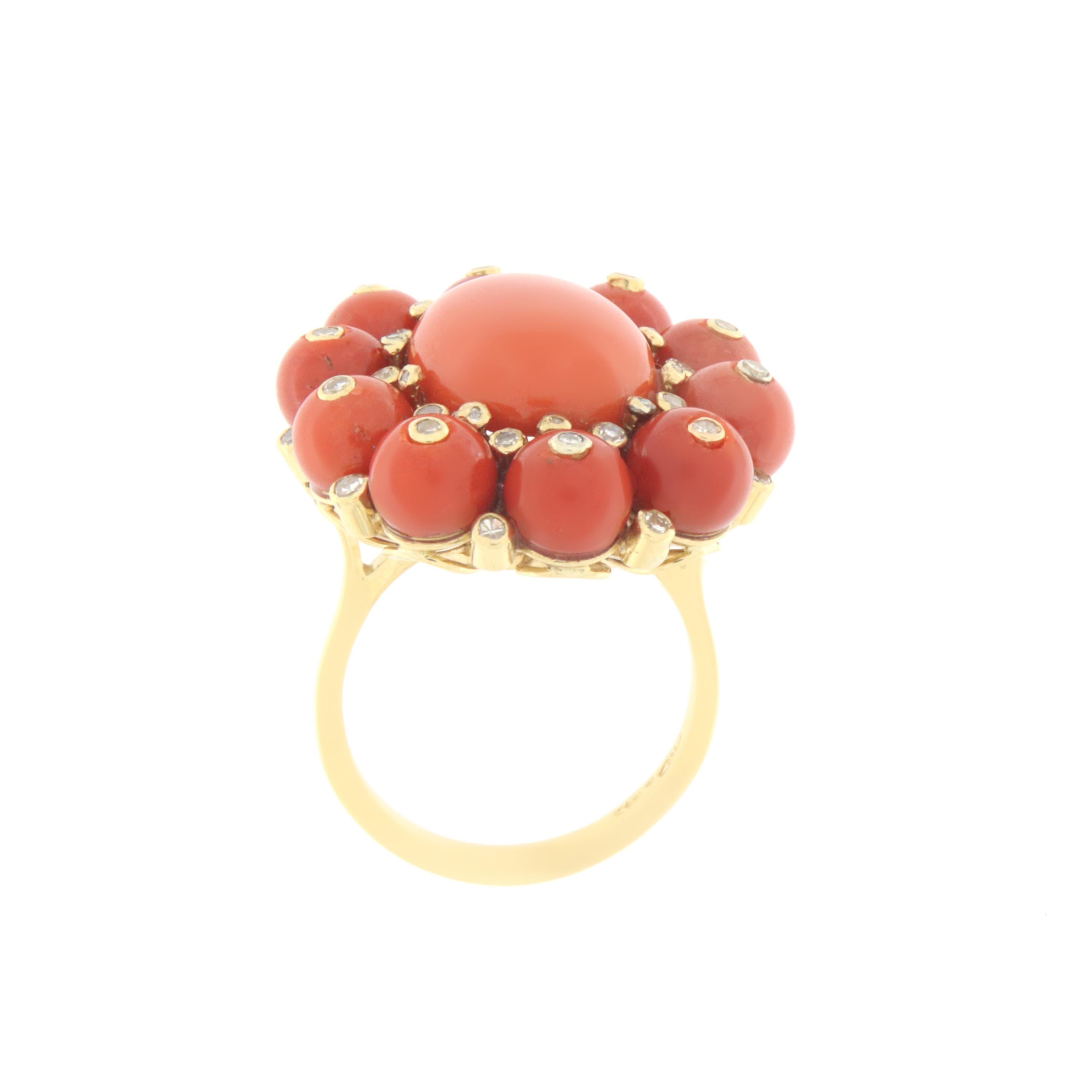 Brilliant Cut Coral 18 Karat Yellow Gold Diamonds Cocktail Ring For Sale