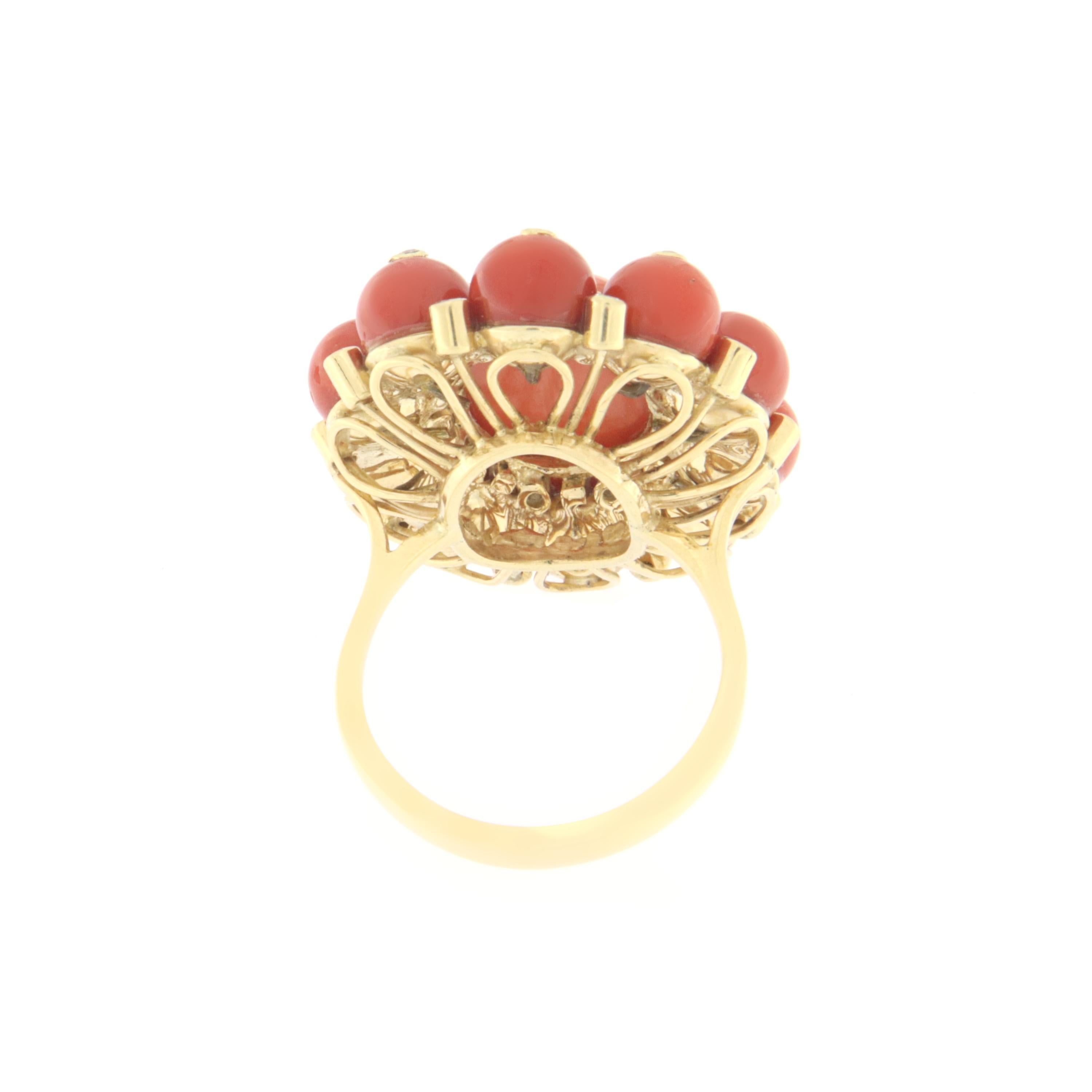 Women's Coral 18 Karat Yellow Gold Diamonds Cocktail Ring For Sale