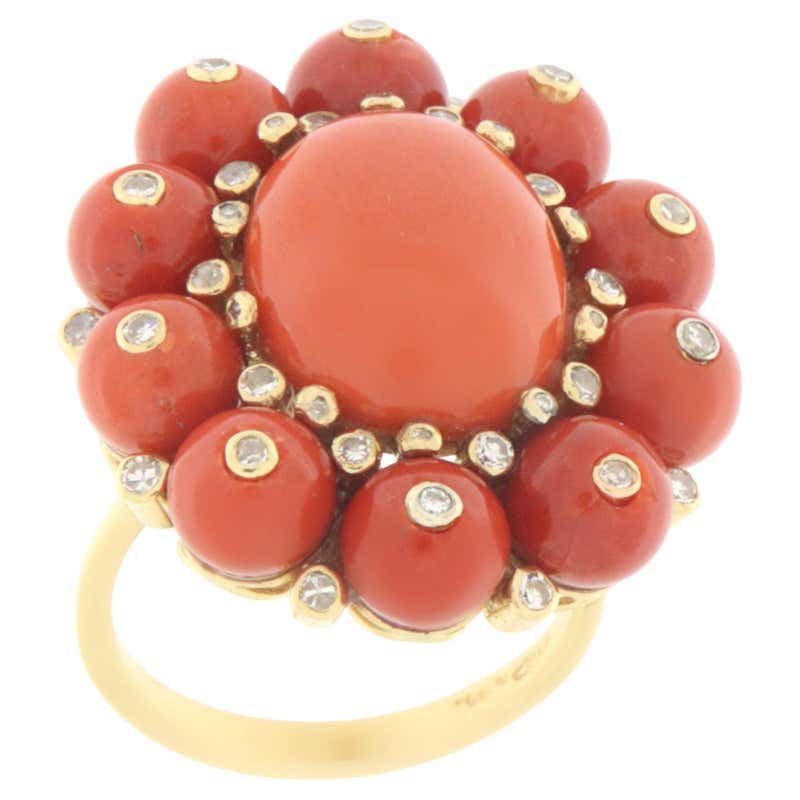 Dorota 18 Karat Artisan Hand Fabricated Coral and Diamond Ring For Sale ...