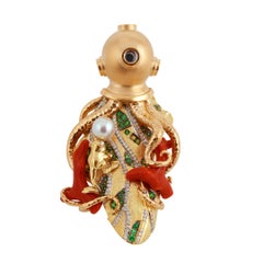 Coral 18 Karat Yellow Gold Octopus Diver Submarine Brooch by John Landrum Bryant
