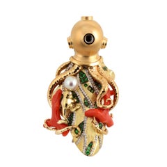 Coral 18 Karat Yellow Gold Octopus Diver Submarine Brooch by John Landrum Bryant