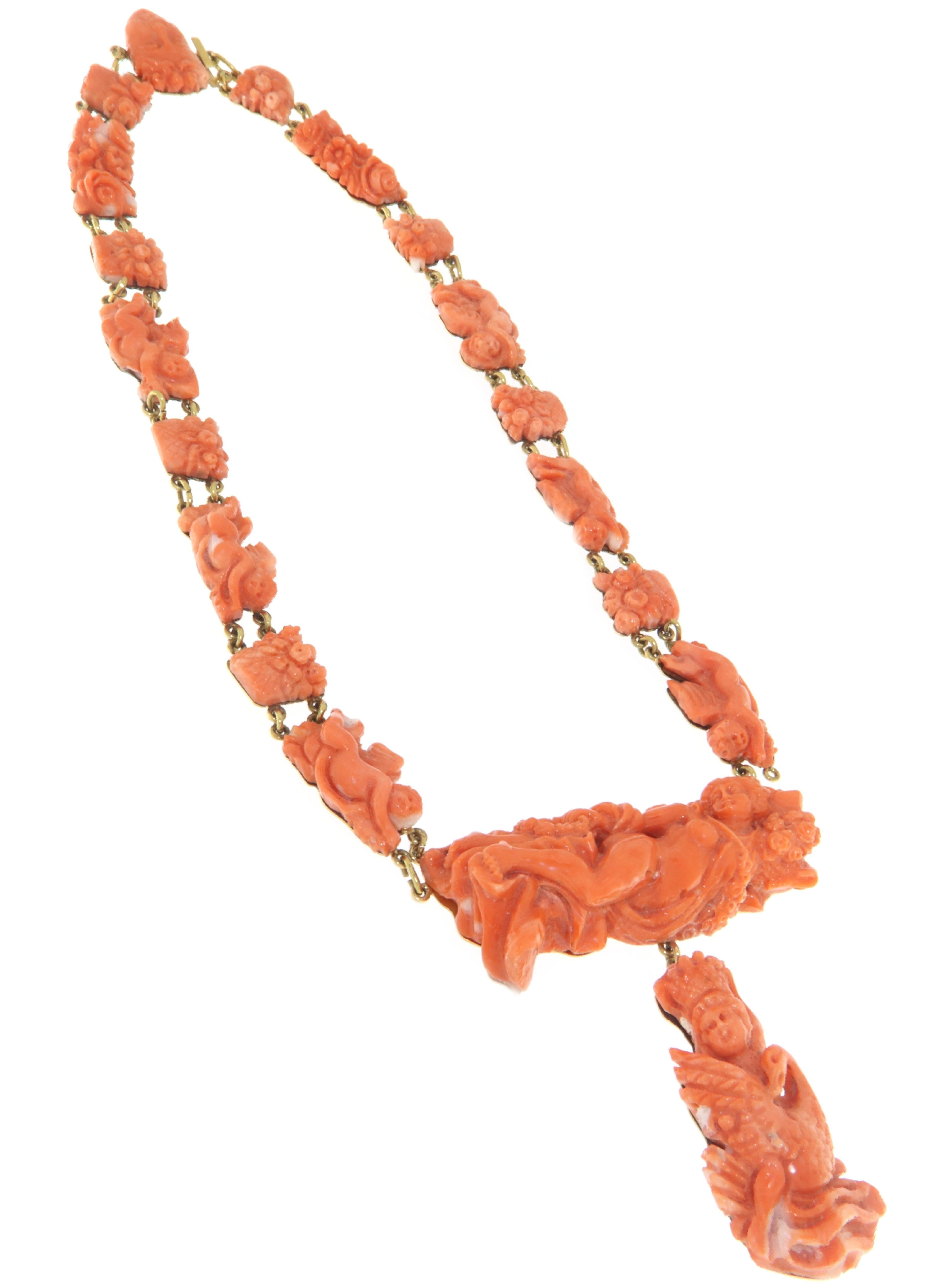 Artisan Coral 18 Karat Yellow Gold Pendant Necklace  For Sale