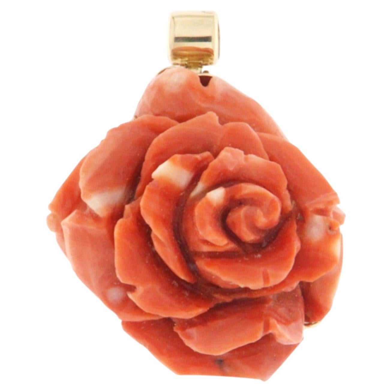 Artisan 18kt Yellow Gold Coral Rose Pendant Necklace, Italy, New