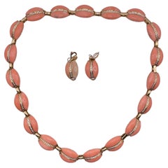 Koralle 18 Karat Gelbgold mit Diamanten Halskette und Ohrring