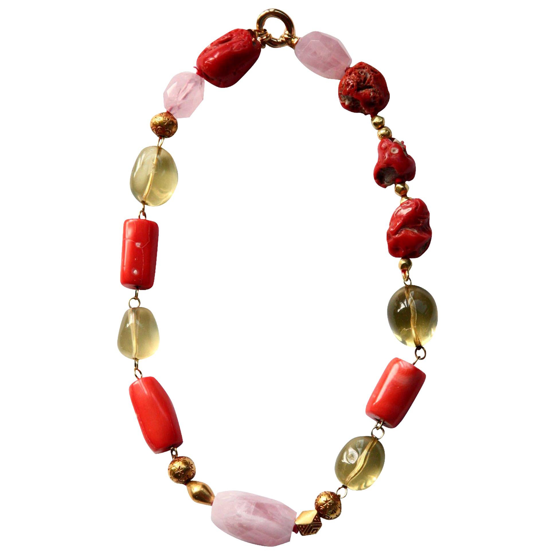 Coral 18 Karat Gold Citrine Rose Quartz Necklace For Sale