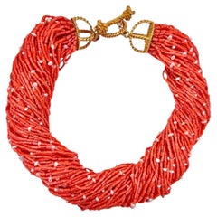 Coral 18K Yellow Gold and Pearl Multi-Strand Torsade Toggle Necklace by MishNY