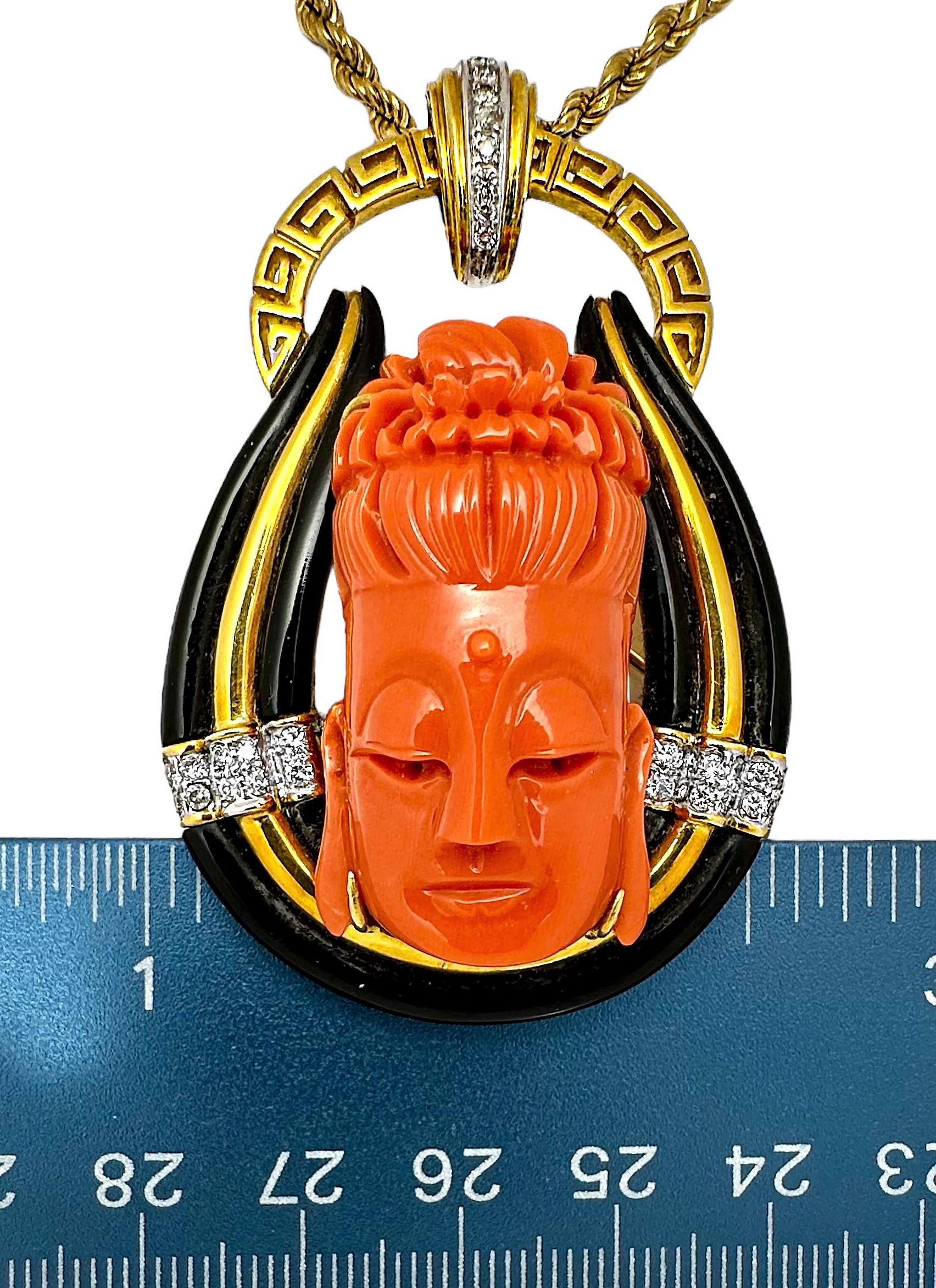 Coral, 18K Yellow Gold, Onyx, and Diamond Buddha Pendant by Larry Jewelry In Good Condition For Sale In Palm Beach, FL