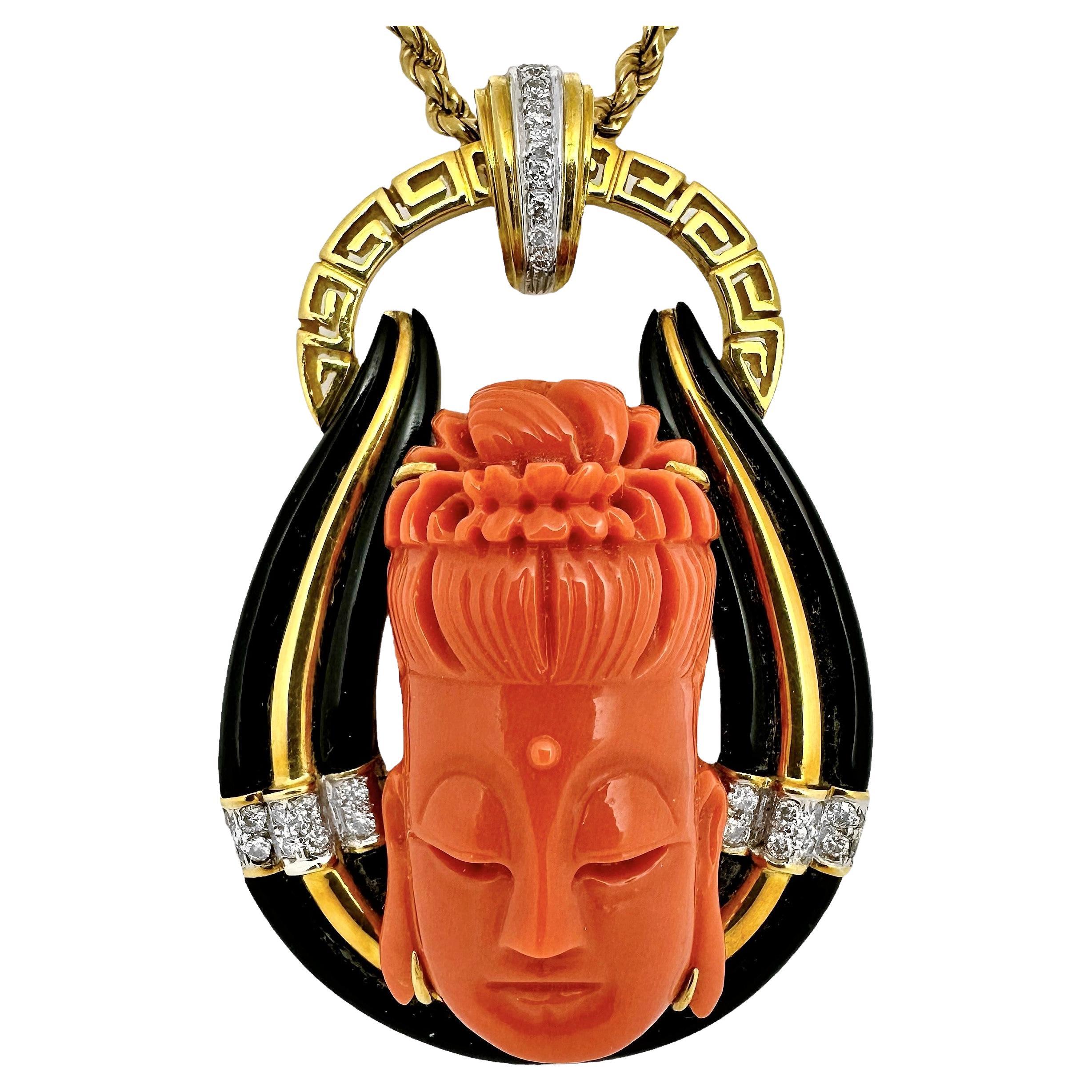 Coral, 18K Yellow Gold, Onyx, and Diamond Buddha Pendant by Larry Jewelry For Sale