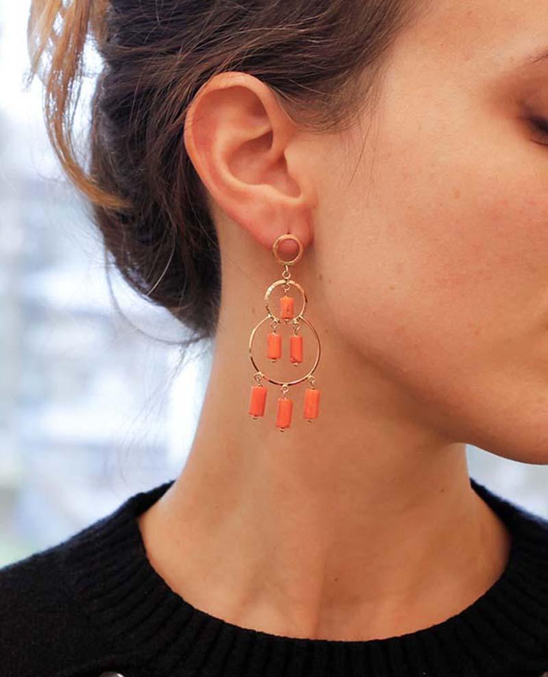 Mixed Cut Coral, 9 Karat Rose Gold Dangle Earrings For Sale