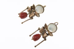 Georgian Style Natural Coral 9K Yellow Gold Bow Drop Earrings