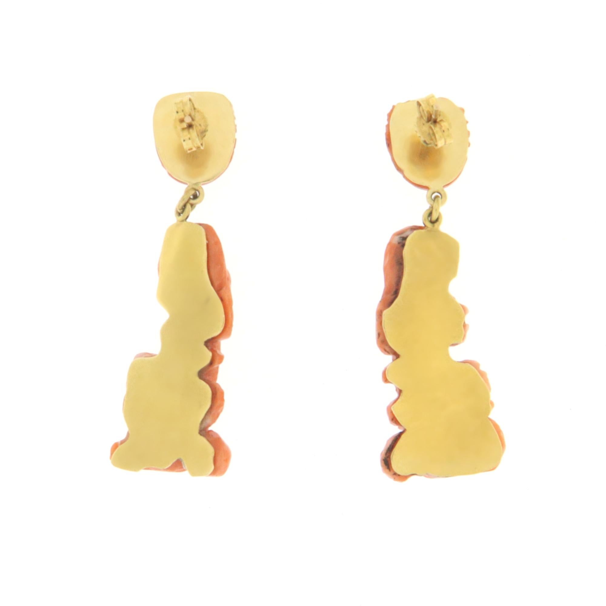 Artisan Coral 9 Karat Yellow Gold Drop Earrings For Sale