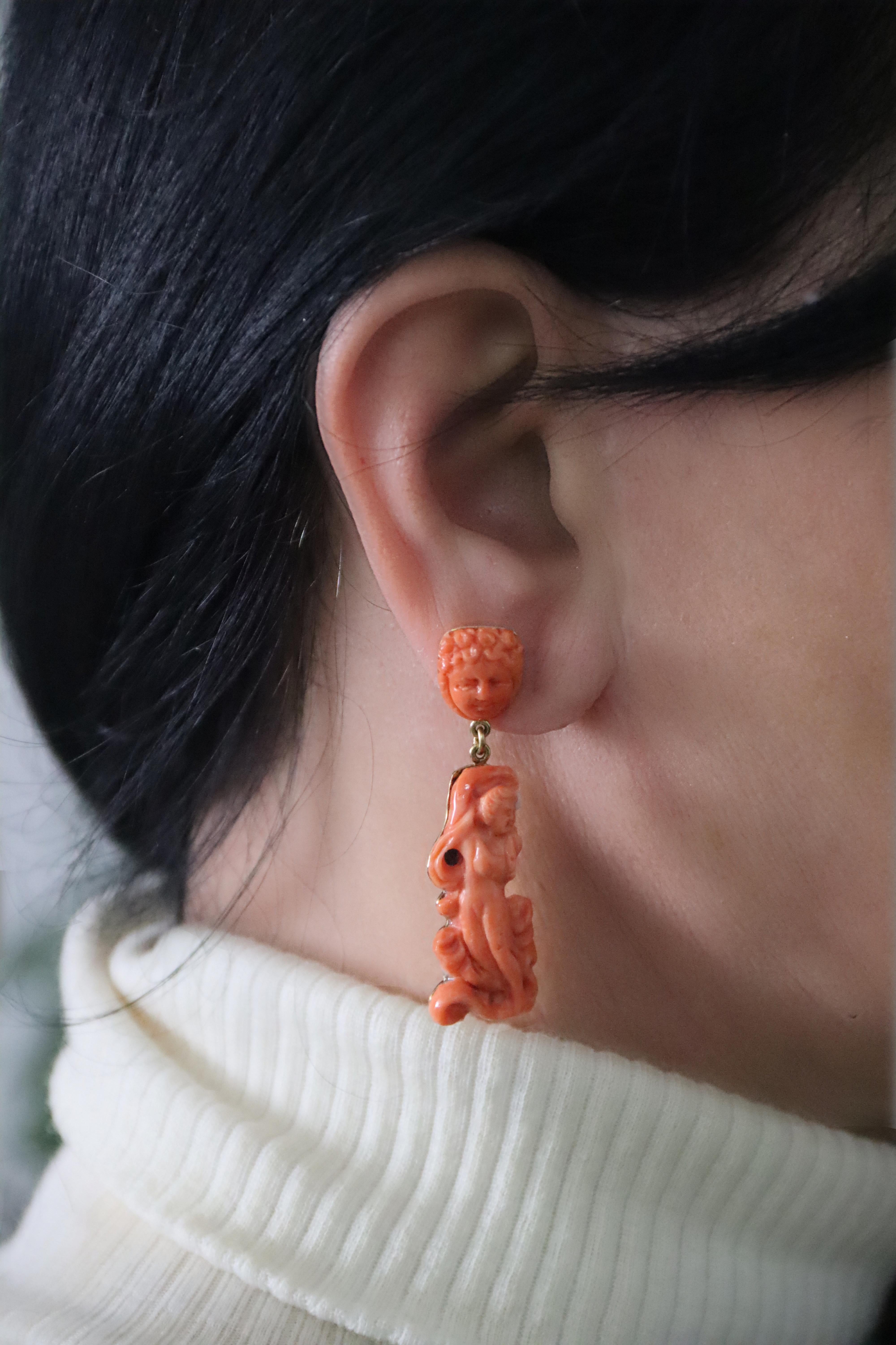 Coral 9 Karat Yellow Gold Drop Earrings For Sale 1