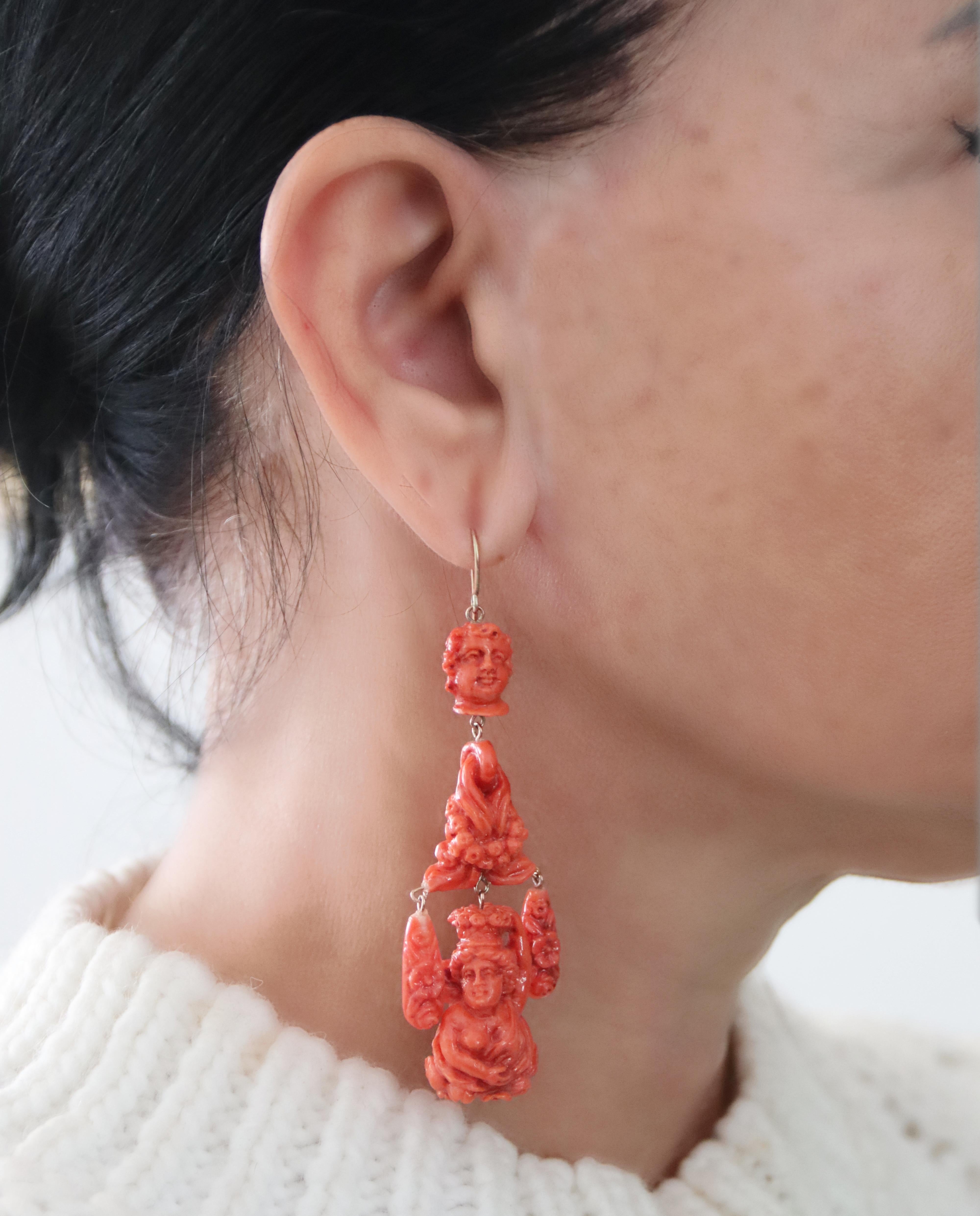Coral 9 Karat Yellow Gold Drop Earrings For Sale 1