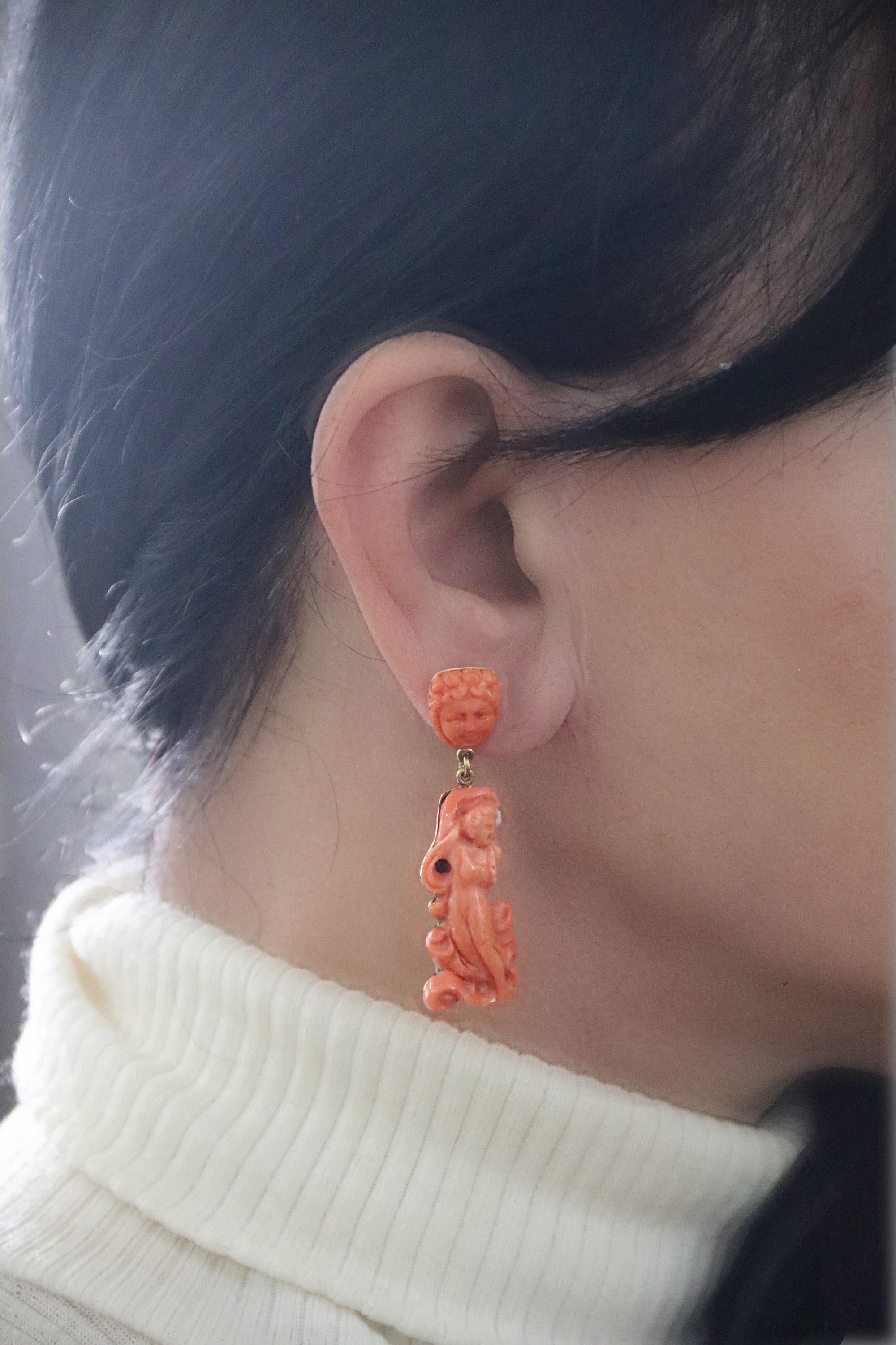 Coral 9 Karat Yellow Gold Drop Earrings For Sale 2