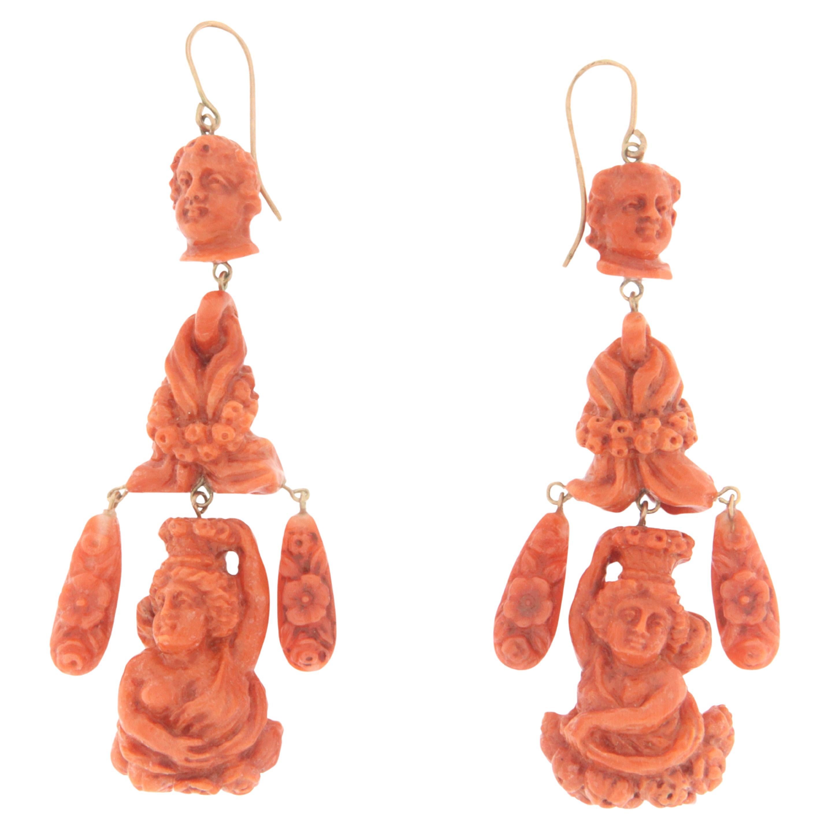 Coral 9 Karat Yellow Gold Drop Earrings For Sale