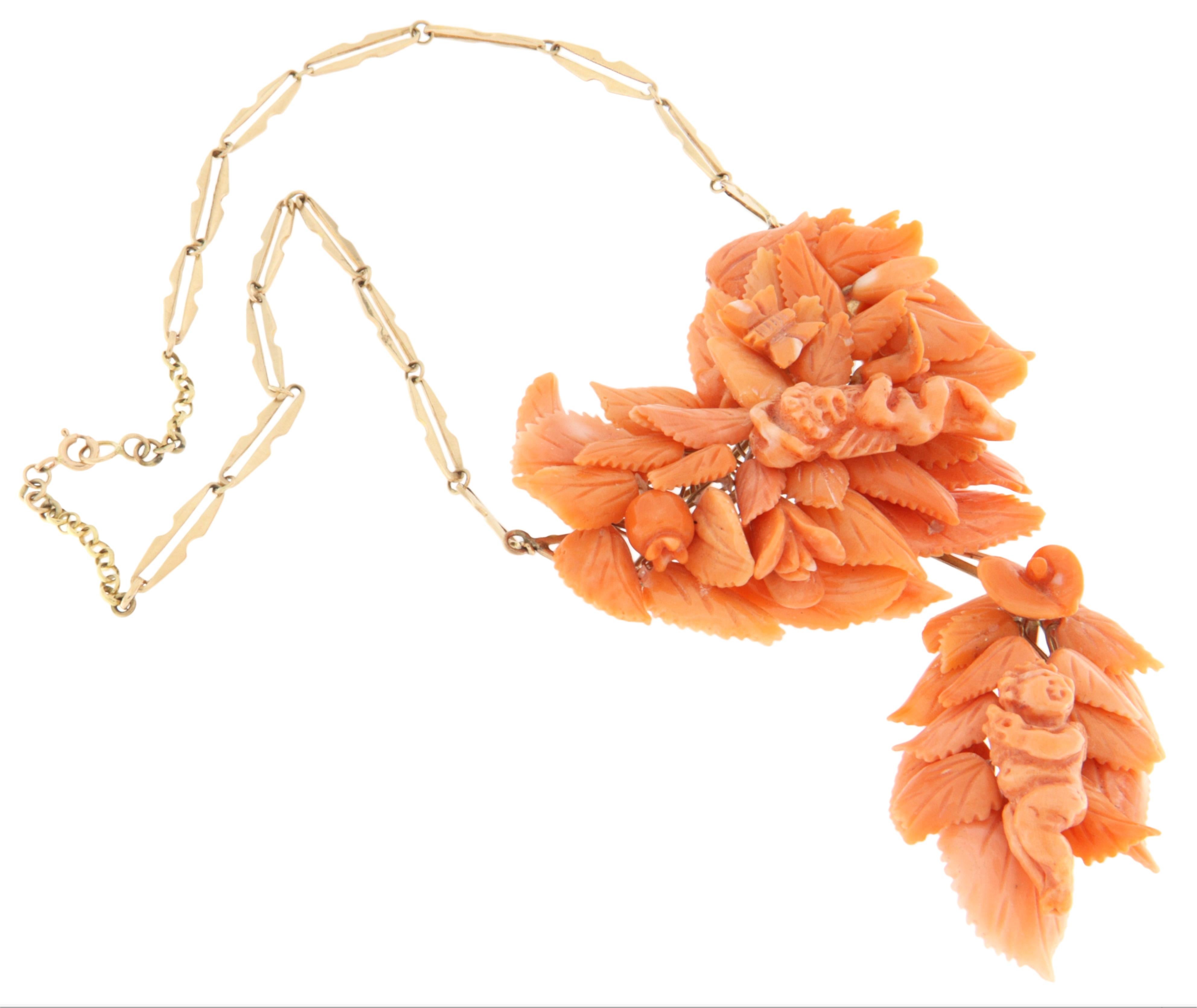Artisan Coral 9 Karat Yellow Gold Pendant Necklace For Sale